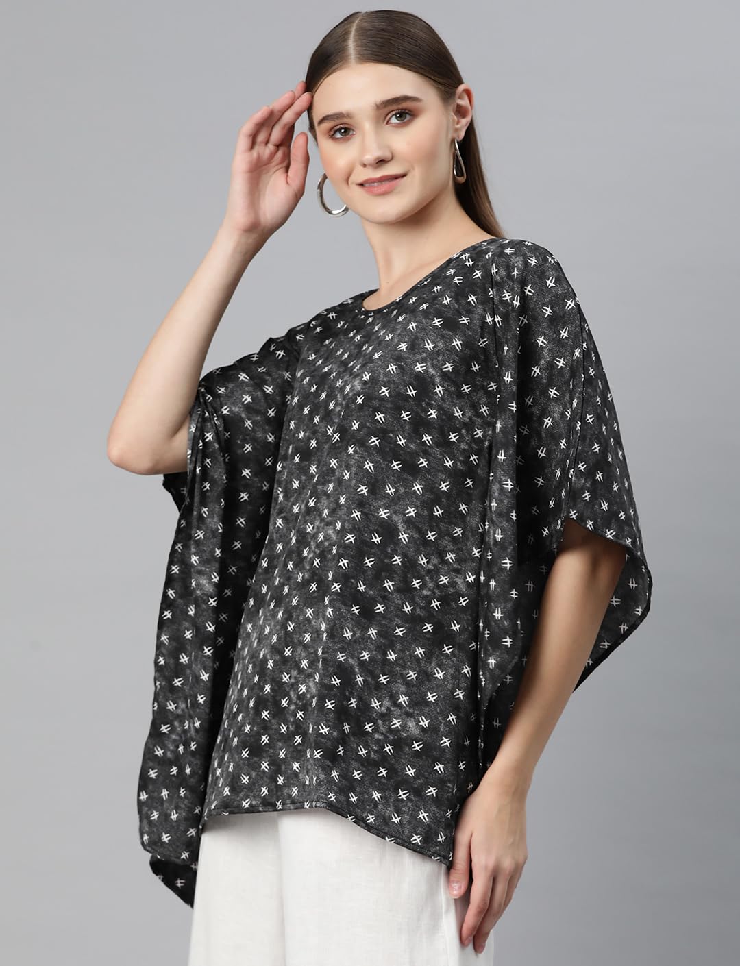 Cottinfab Women Print Kimono Sleeves Crepe Kaftan Longline Top Black 2