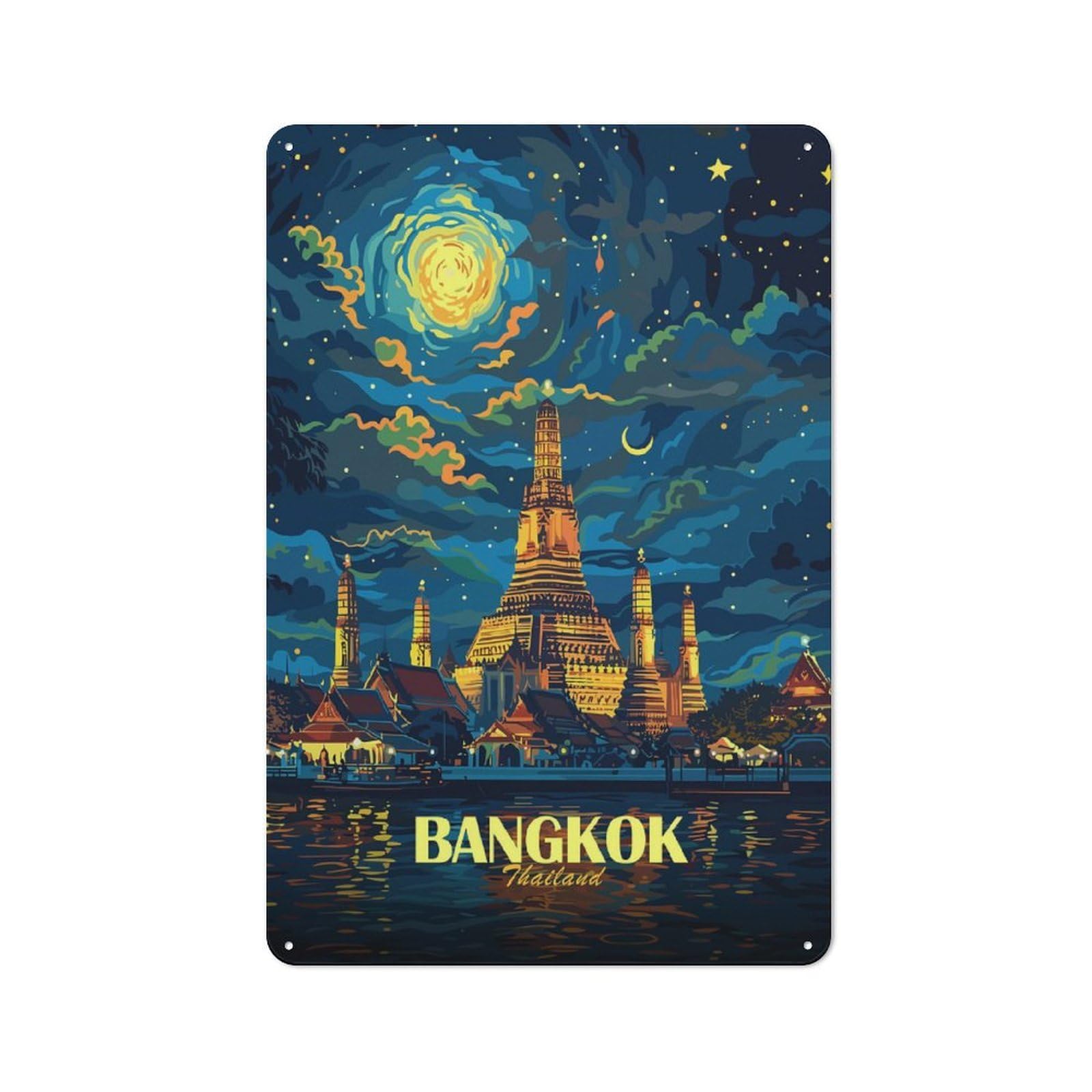 Bangkok Thailand Nightscape Warehouse Style Metal Wall Decor 30x20cm, Metal Wall Sign for Workspace, Cafe, Hallway Or Garage