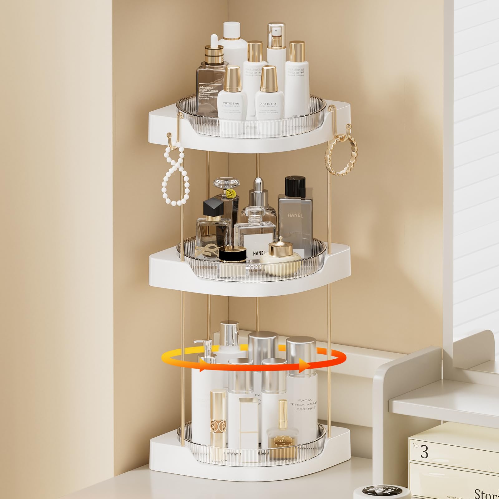 akinbas 3 Tier Corner Bathroom Counter Organizer 360° Rotating Countertop Perfume Tray and Vanity Makeup Cosmetic Storage Corner Counter Shelf for Bathroom Dresser Kitchen (Transparent)