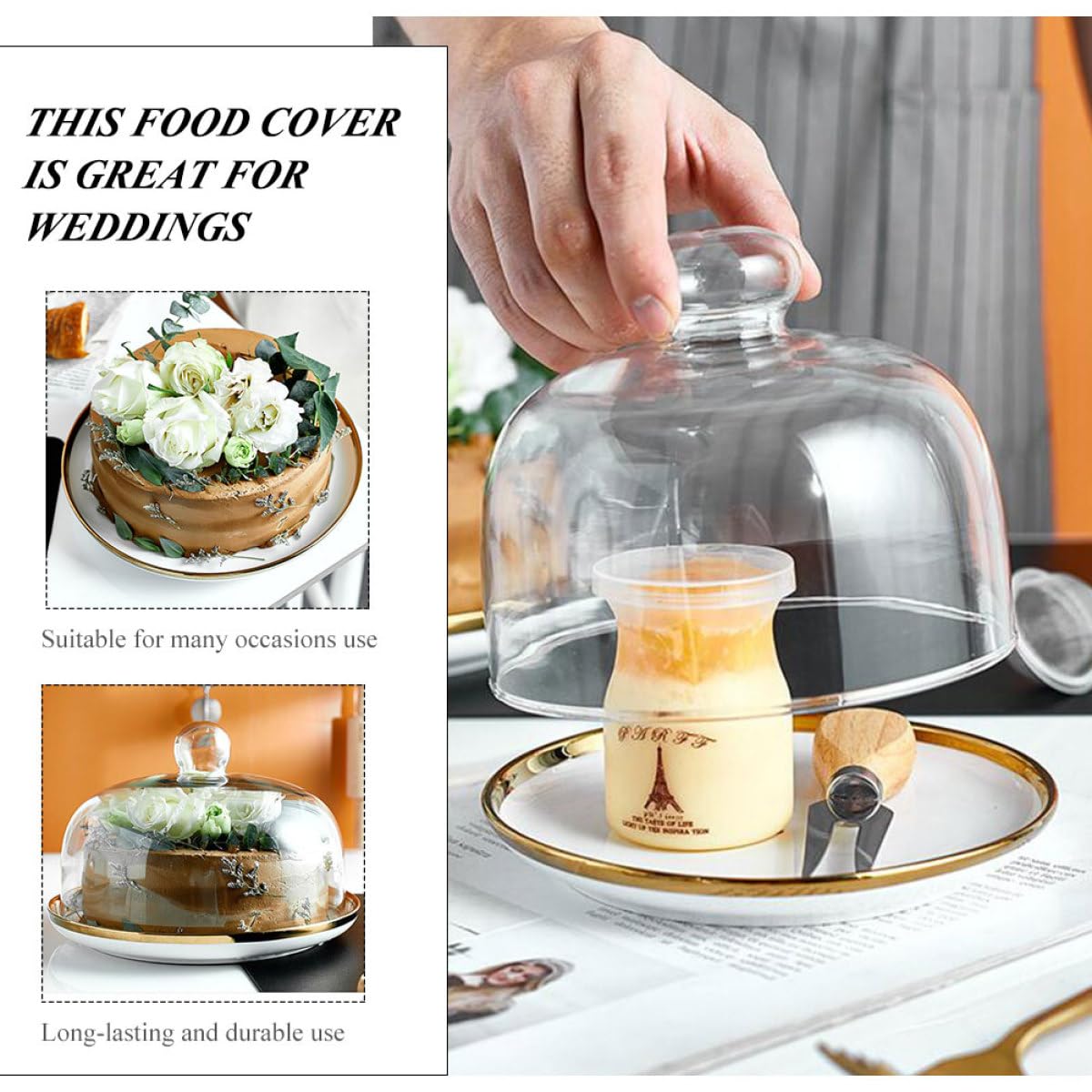CALLARON Set de 1 Couvercle à Gâteau en Verre avec Plateau en Céramique, Protège Les Desserts et Garde la Fraîcheur, pour Mariages et Réceptions
