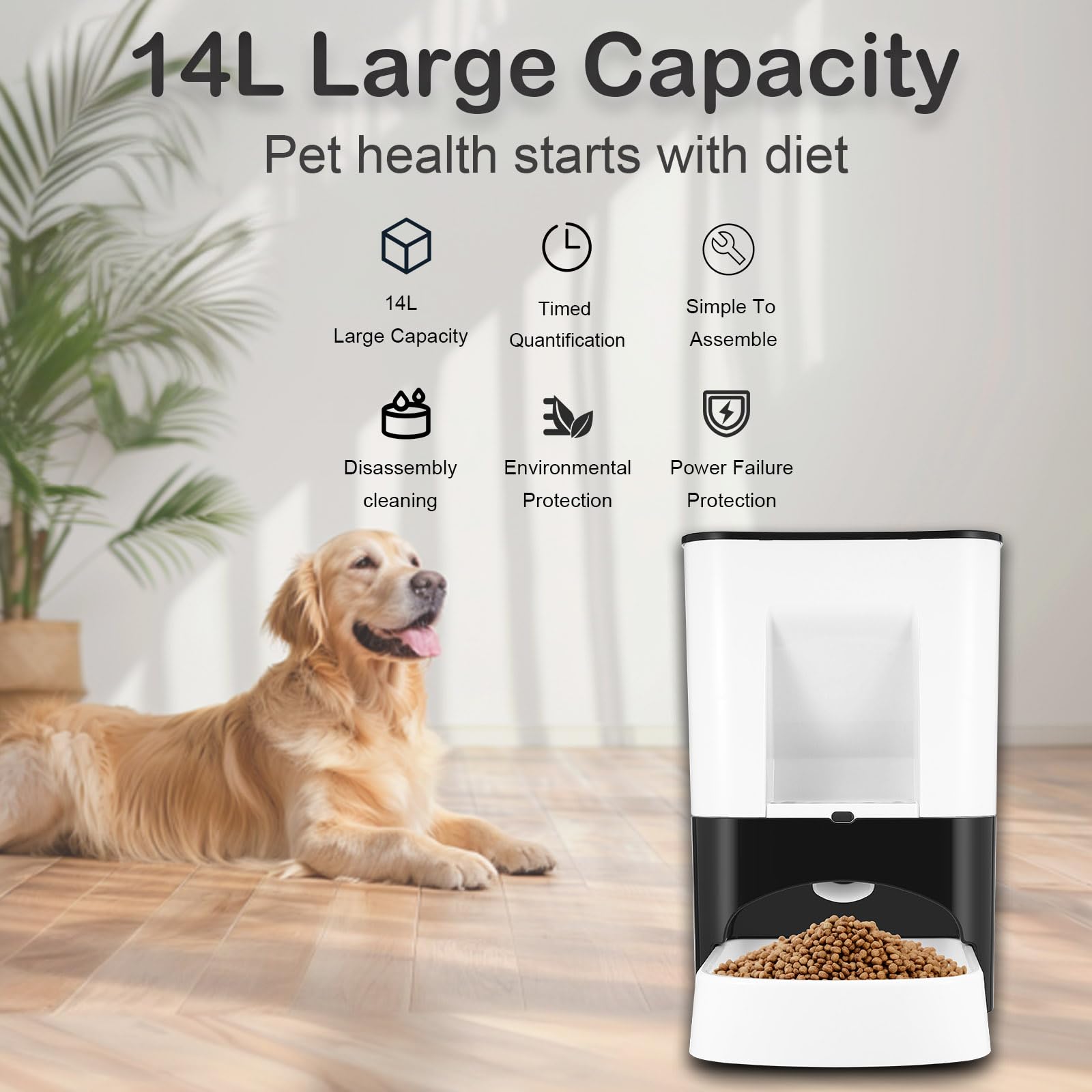 Comedero automático grande de 14 litros para razas grandes, dispensador de comida para mascotas con tapa de bloqueo, grabación de voz, doble potencia, almacenamiento a prueba de humedad