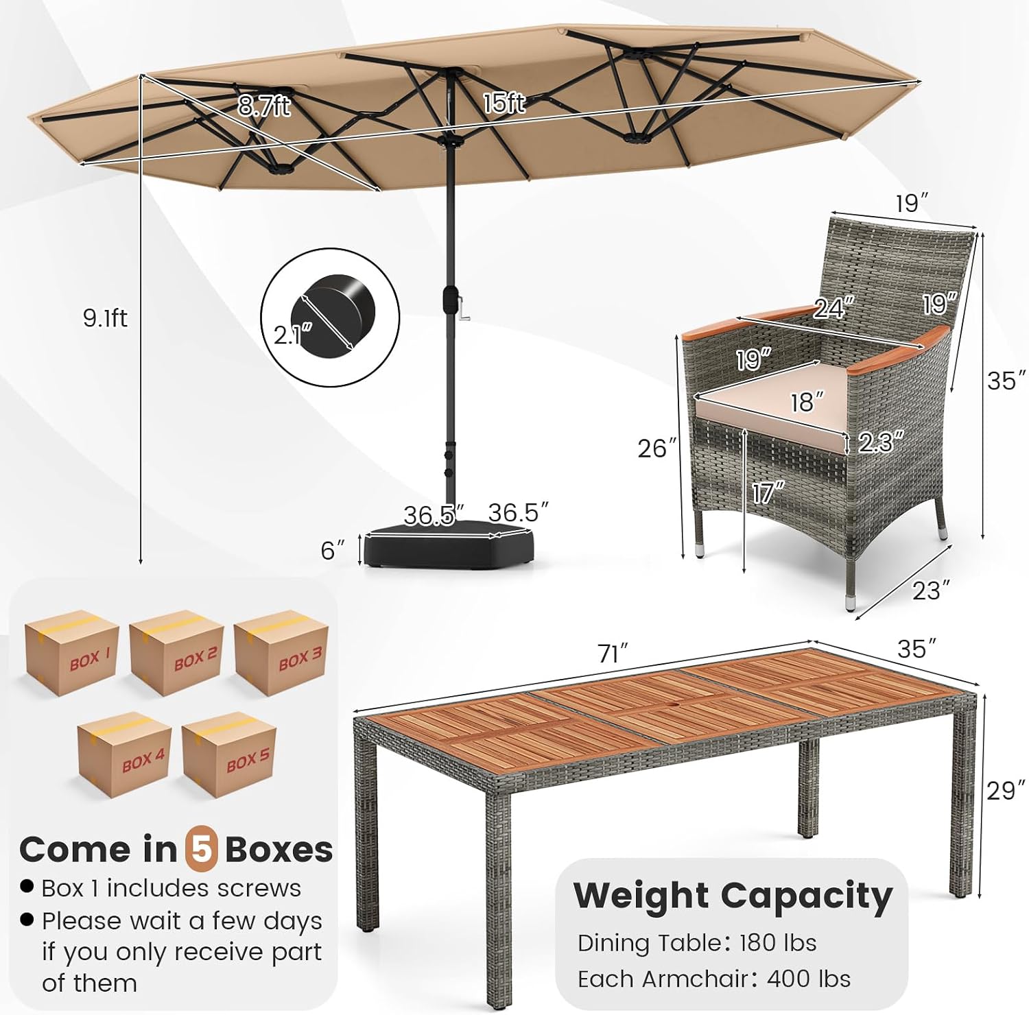 Tangkula 10 Pieces Patio Wicker Dining Set w/Double-Sided Patio Umbrella, Outdoor Acacia Wood Furniture Set w/ 8 Armchairs, 71” Dining Table & 15 ft Umbrella with Weighted Base (Coffee)