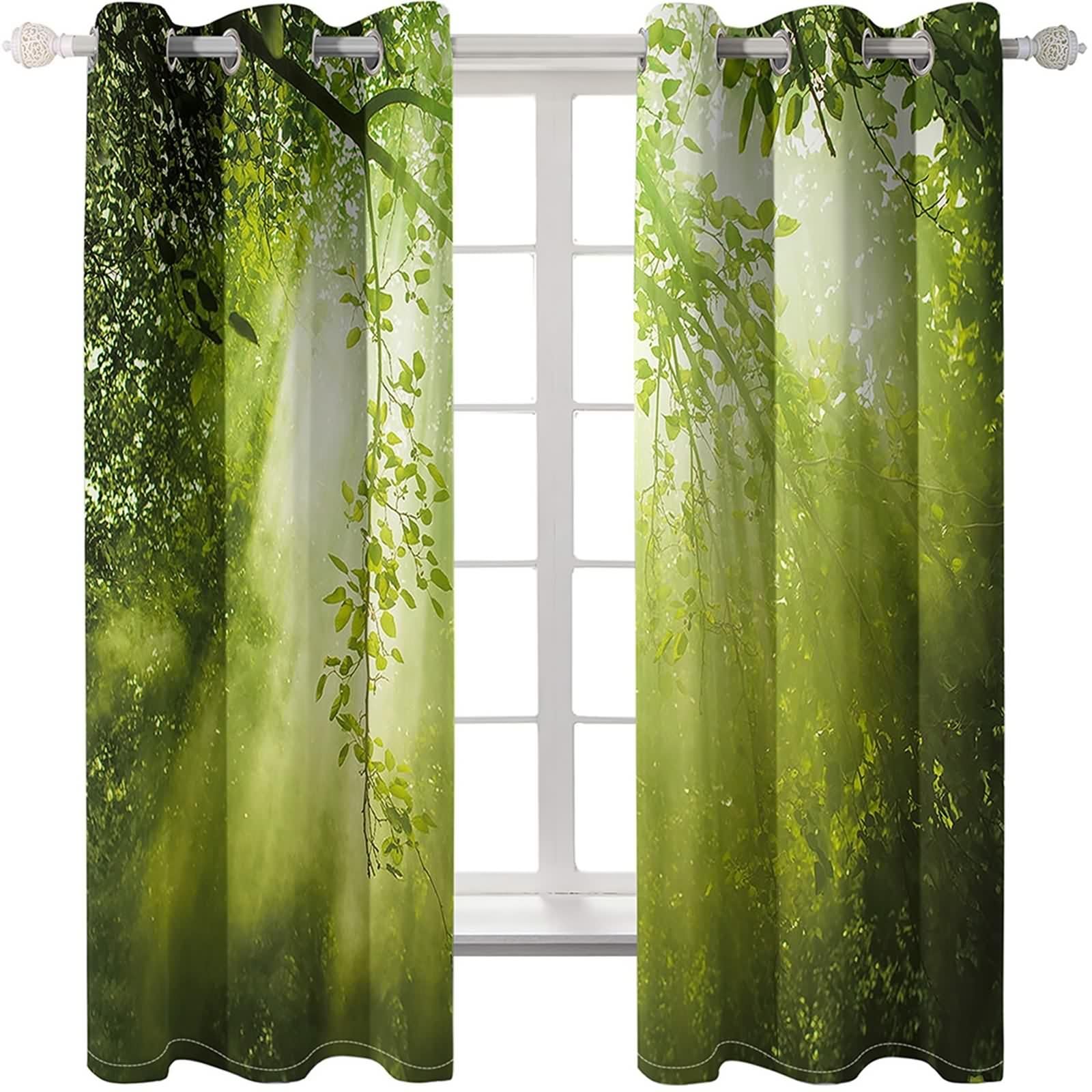 Rideau Stof Polyester, Rideau Anniversaire Vert Branches et Soleil Décoration Chambre Salon 102L x 214H CM Lot de 2