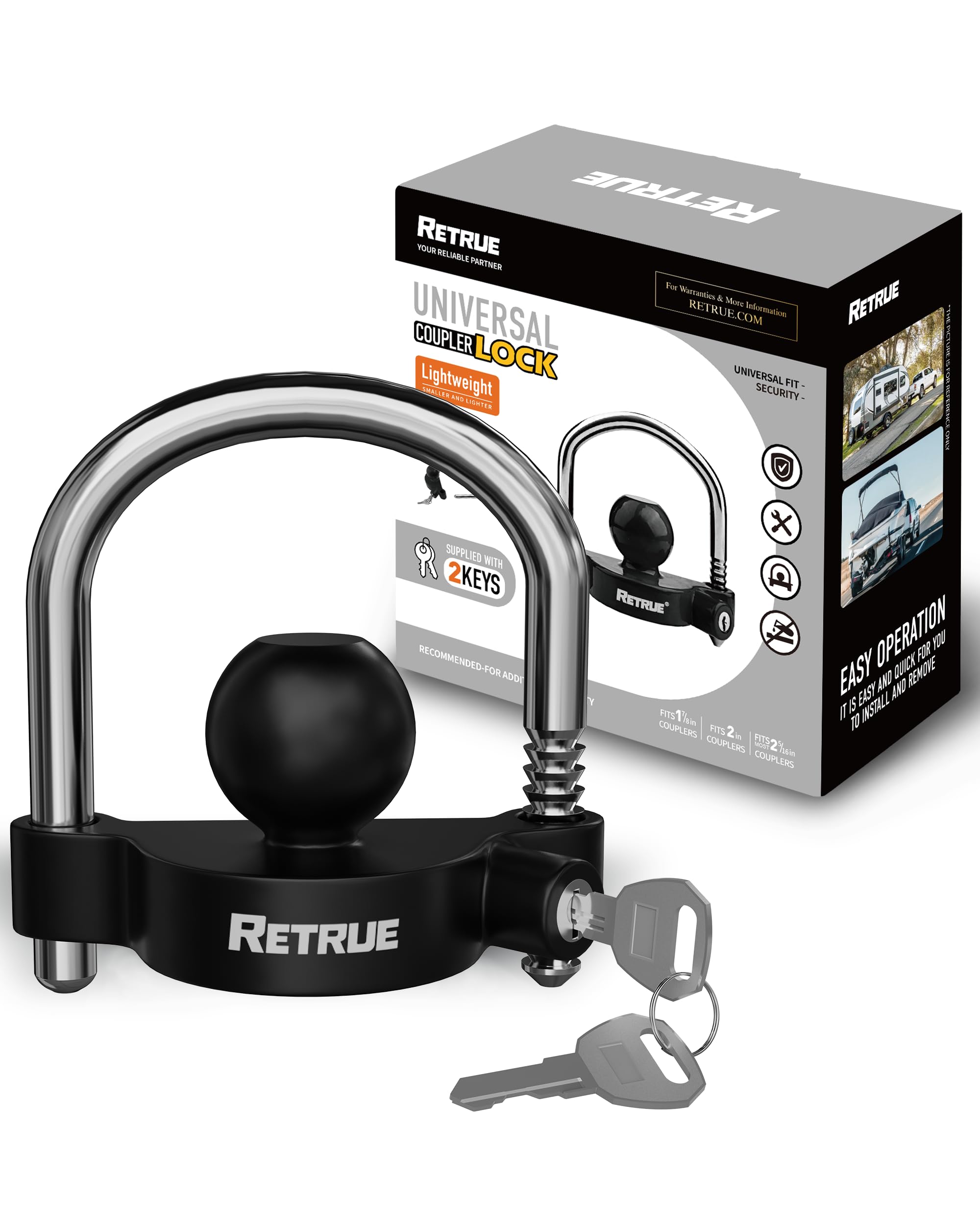 RETRUE Universal Coupler Lock Trailer Locks Ball Hitch Trailer Hitch Lock Adjustable Security Heavy-Duty Steel fits 1-7/8 Inch, 2 Inch, 2-5/16 Inch Couplers, Black