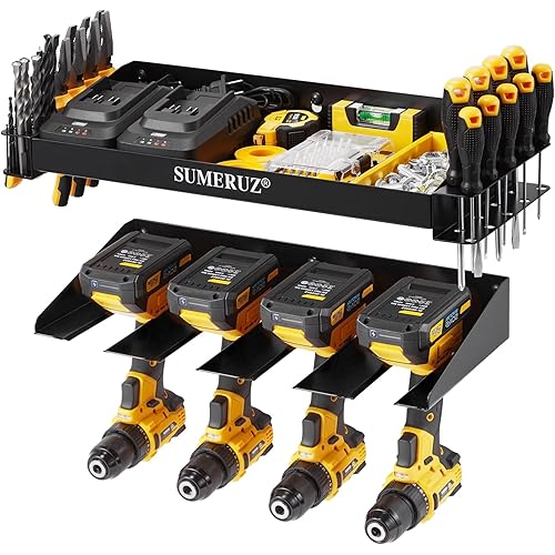 Power Tool Organizer Wall Mount - Heavy Duty Utility Storage Rack, Drill Rack with Tool Shelf and Side Racks, for Drill Bits, Pliers, Screwdrivers in Garage, Workshop, Shed