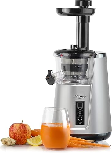 Omega - Exprimidor de jugo prensa fría 365 vertical 65 RPM de masticación lenta extractor compacto para frutas y verduras con 3 etapas de husillo y