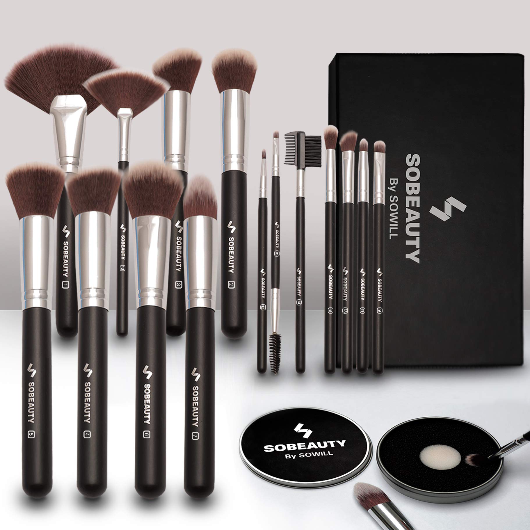 SOBEAUTY by SOWILL set 15 pennelli trucco professionale make up setole vegan maquillage sfumature occhi viso pennello fondotinta ombretti eyeliner face brush set elegante scatola