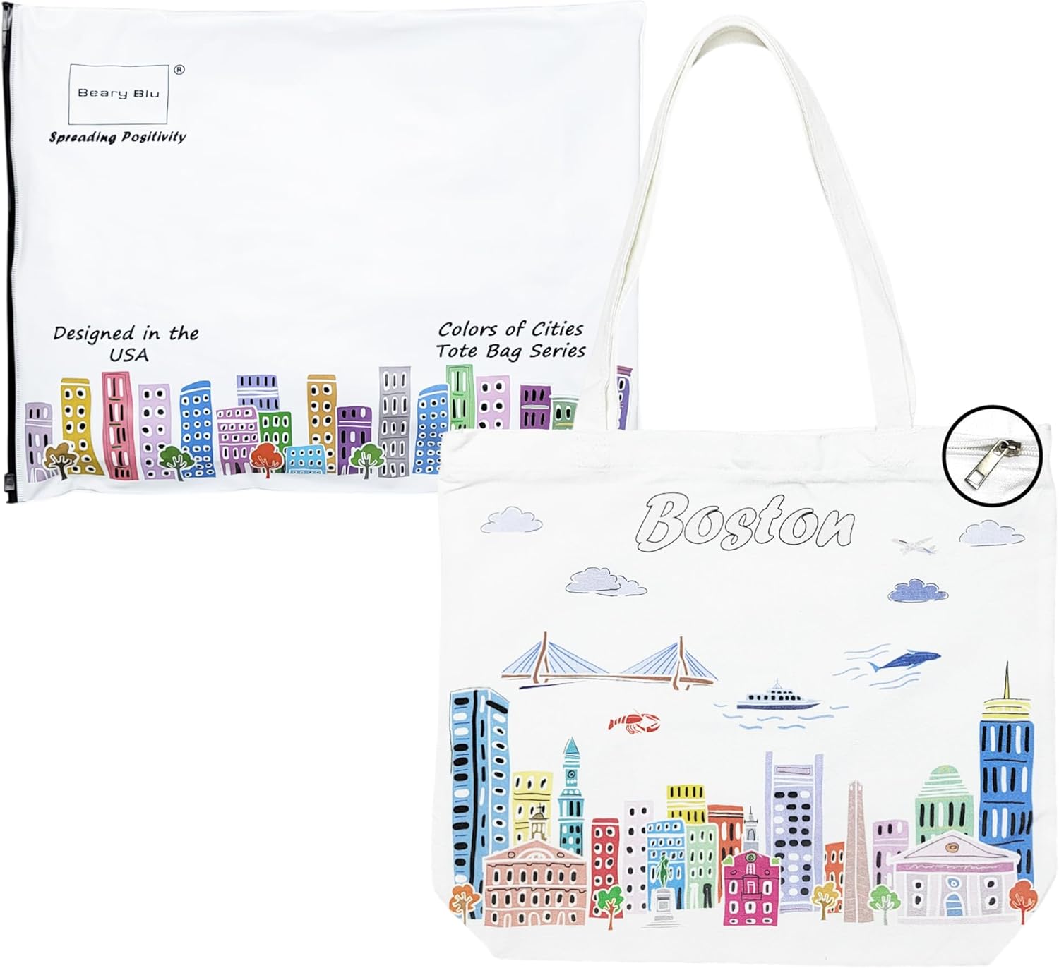 City Themed Artwork Tote Bag with Zipper Series- Designed in the USA, 17"x14", Souvenir & Gift