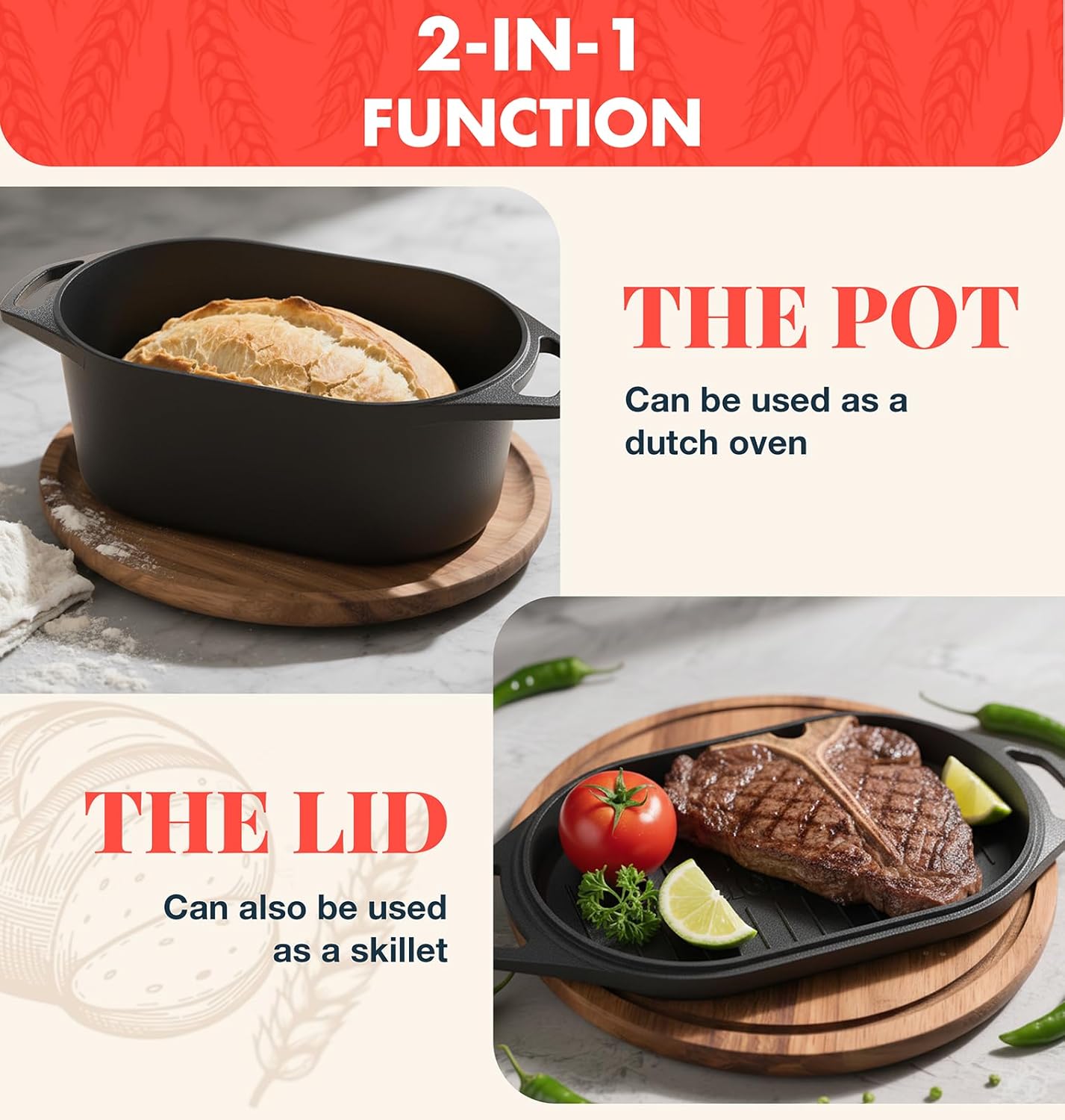 Dutch Oven for Bread Baking, 3.4QT Cast Iron Bread Pan Loaf Pans with Lid, Pre-Seasoned Oval Bread Oven, Bread Pan for Homemade Sourdough Bread Baking & Versatile Cooking, Black - Image 5