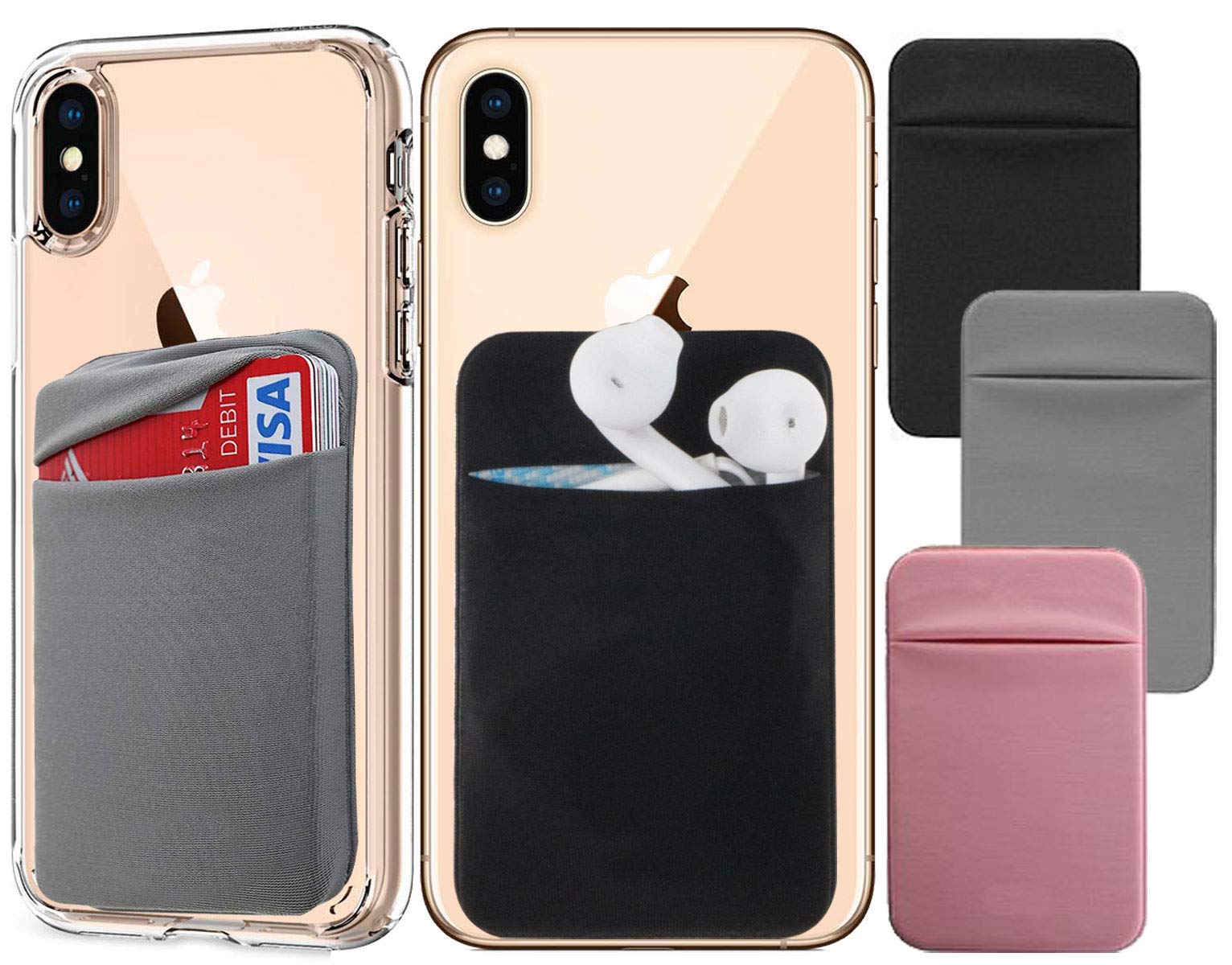 3 Packs [Double Secure] Nylon Pouch Ultra-Slim 3M Self Adhesive Card Holder Stick on Phone Sleeves with Pocket for Smartphones ([Lid] Black+Grey+Rosegold)