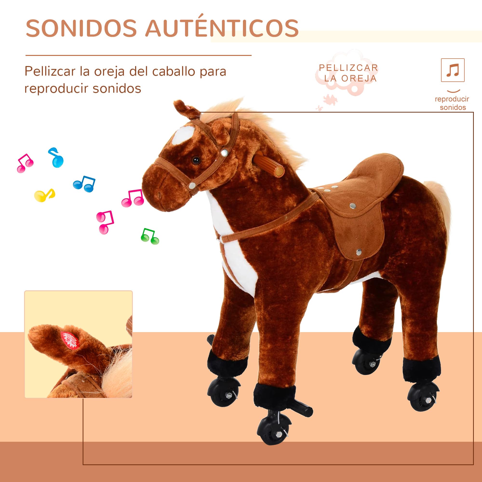 HOMCOM Caballo de Juguete para Niños de +2 Años Caballo de Juguete con Ruedas Sonidos y Estructura de Metal Carga 60kg 65x28x75 cm Marrón