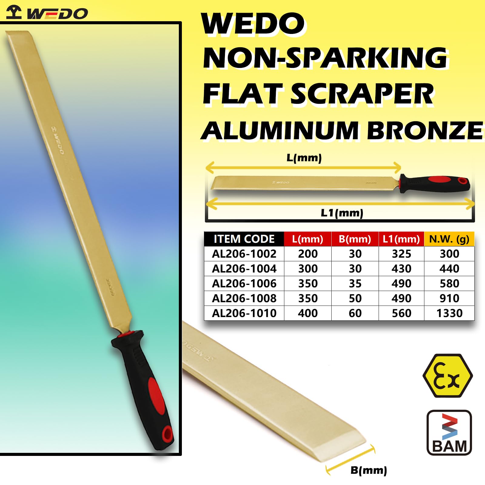 WEDO Raschietto piatto senza scintille con lama dritta e manico confortevole, strumento di sicurezza senza scintille, bronzo in alluminio, BAM e FM, lunghezza 12", 300 * 30 * 430mm