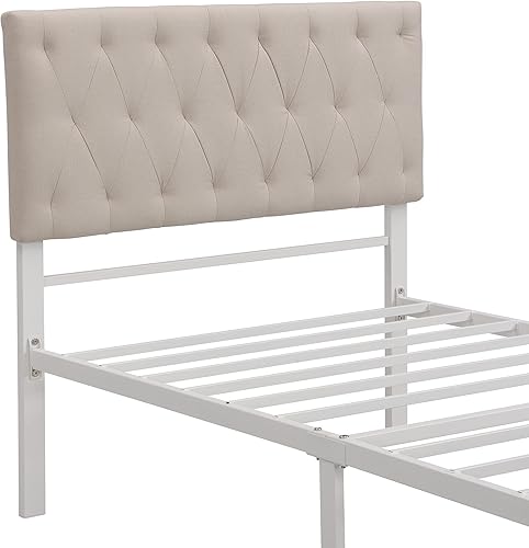 Miniatura 8 de MERITLINE Cama de metal de tamaño matrimonial, base de cama de plataforma con cabecera tapizada y estribo, cama de plataforma con cajón de