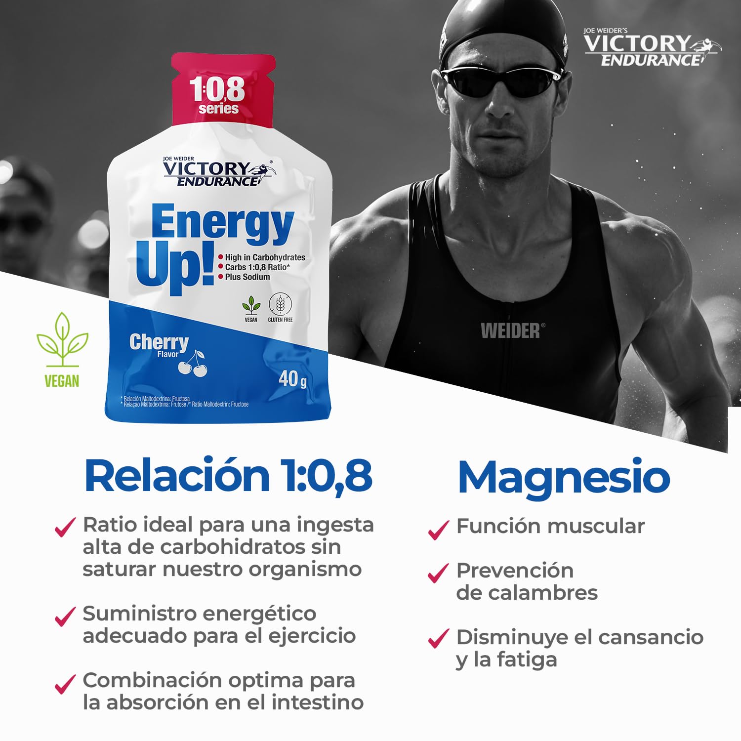 Victory Endurance Energy Up Gel 1:0,8 Series (24x40g) Sabor Cereza, Alto en Carbohidratos Ratio 1:0,8 maltodextrina:fructosa para energía adicional, rápida absorción, extra de sodio, vegan, sin gluten
