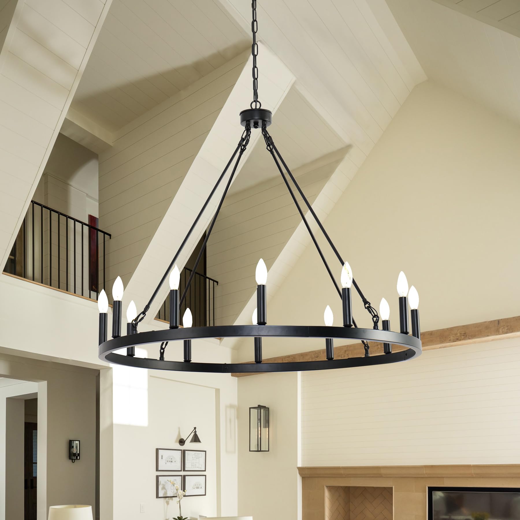 BAOURE 31Inch Black Wagon Wheel Chandelier,12 Light Industrial Candle Style Modern Wagon Wheel Lighting for Living Room,Dining Room,Foyer, Entryway,