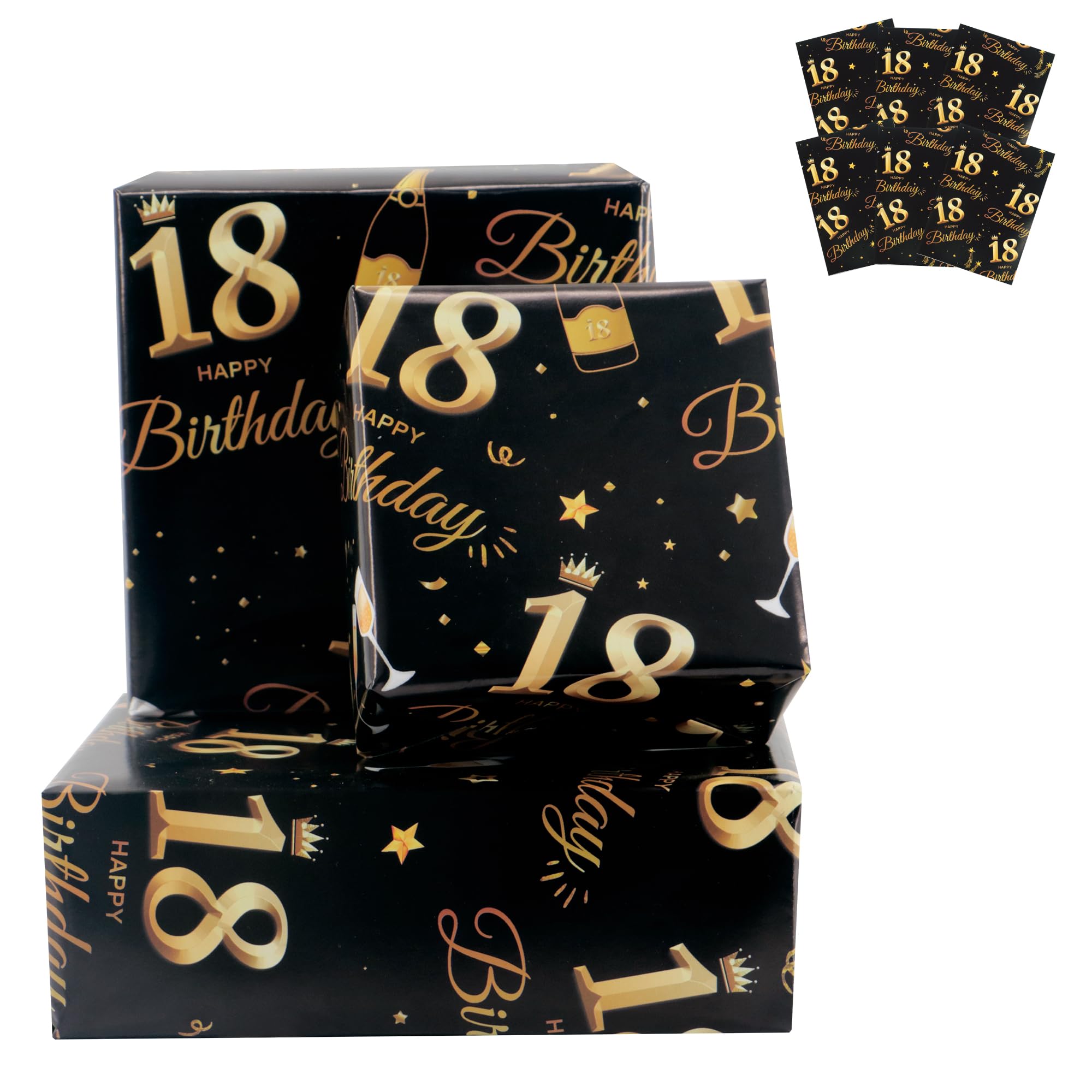 6 Sheets 18th Birthday Wrapping Paper, 70x50cm Black and Gold Happy Birthday Wrapping Paper, 18th Birthday Gifts Decorations for Boys & Girls, Recyclable - 18th