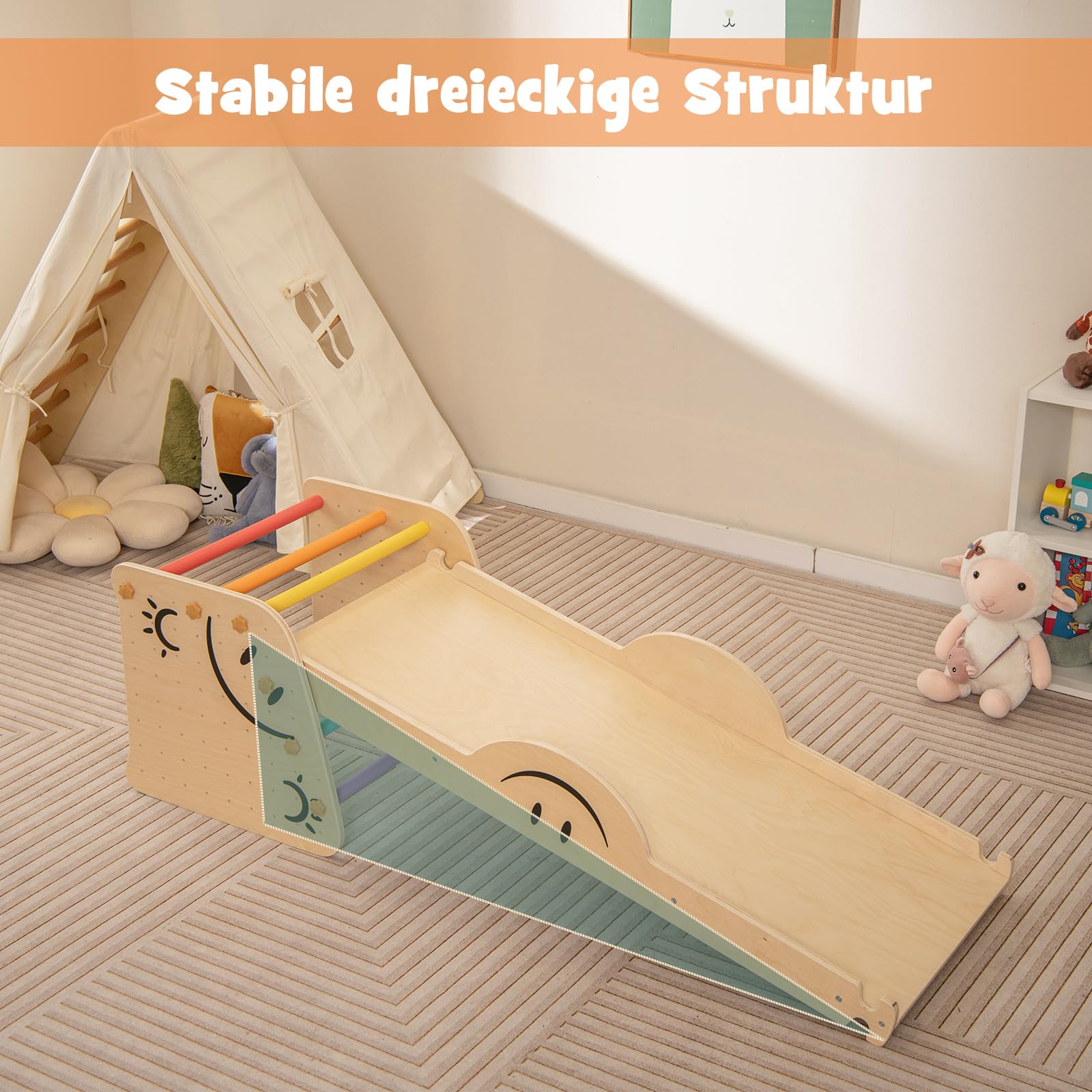 COSTWAY 6 in 1 Kinder Klettergerüst Holz, Turnringen & Kletterfelsen & Kletternetz & Leiter & Pull Up Bar & Spielzelt, Kletterspielzeug Indoor für Kinder ab 3 Jahre