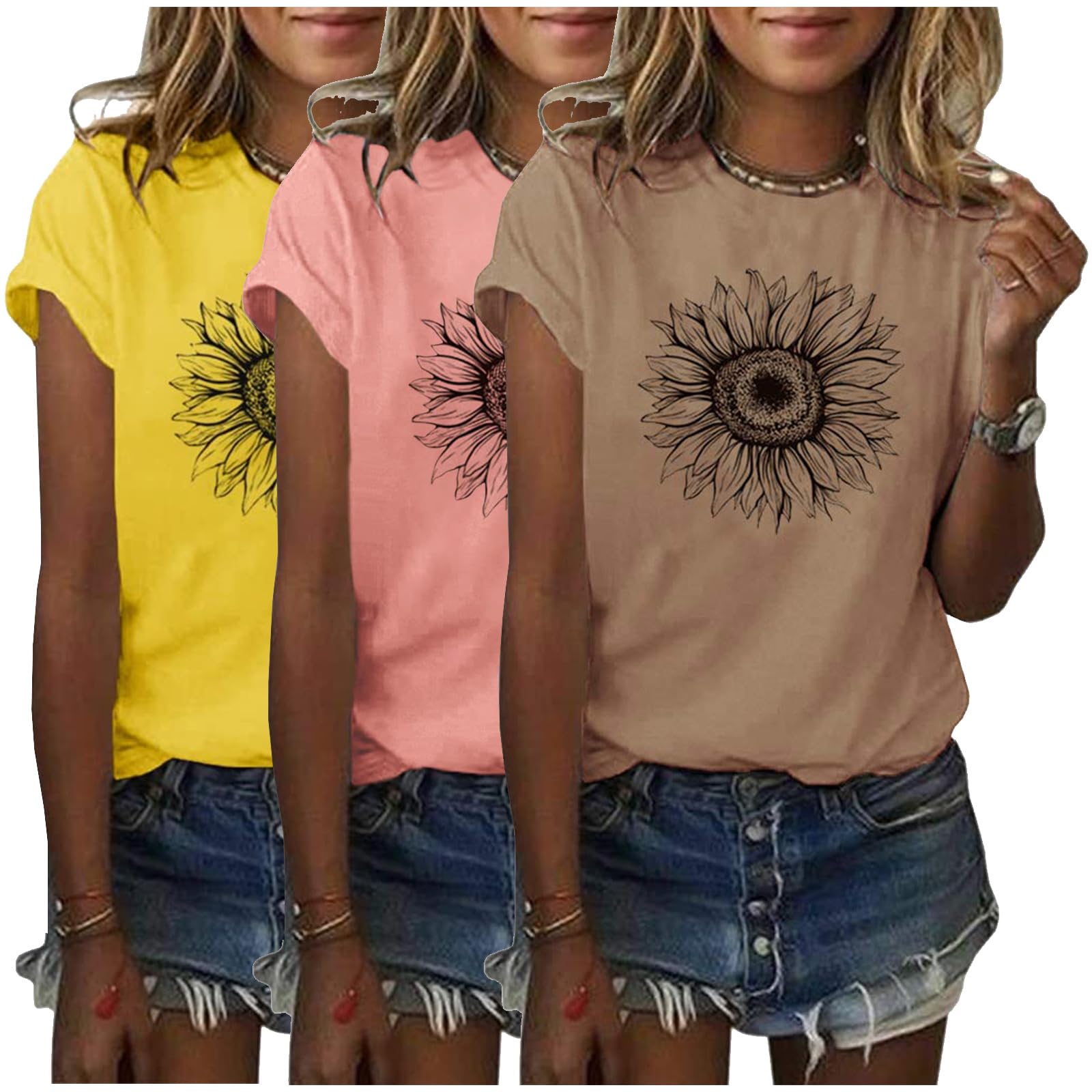 Tshirt Damen Sommer 3er Pack Sonnenblumen T Shirt Kurzarm Niedlich Grafik Lose T-Shirts Tops Casual Rundhals Oberteile Lässig Basic Shirt Set Oversize Kleidung Bluse Weiß Tank Tops