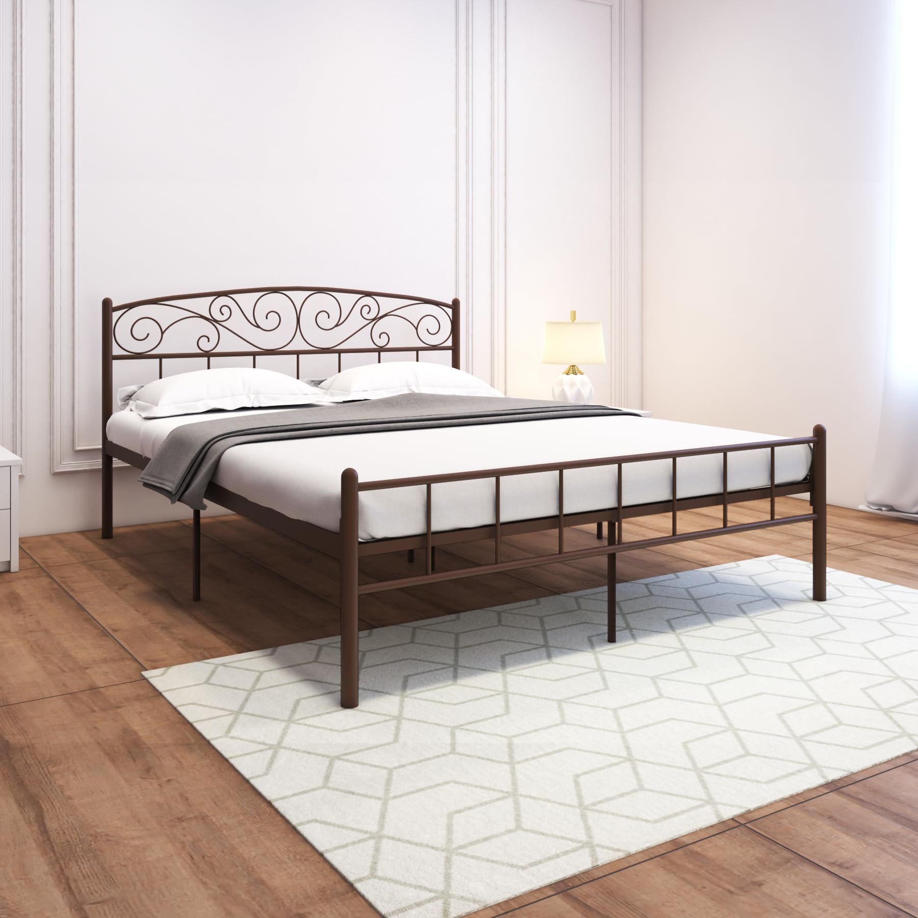Homdec Antlia Metal Platform Bed with Headboard and Footboard, Heavy Duty Mattress Foundation – No Plywood Needed, Noise Free (Brown, Queen)