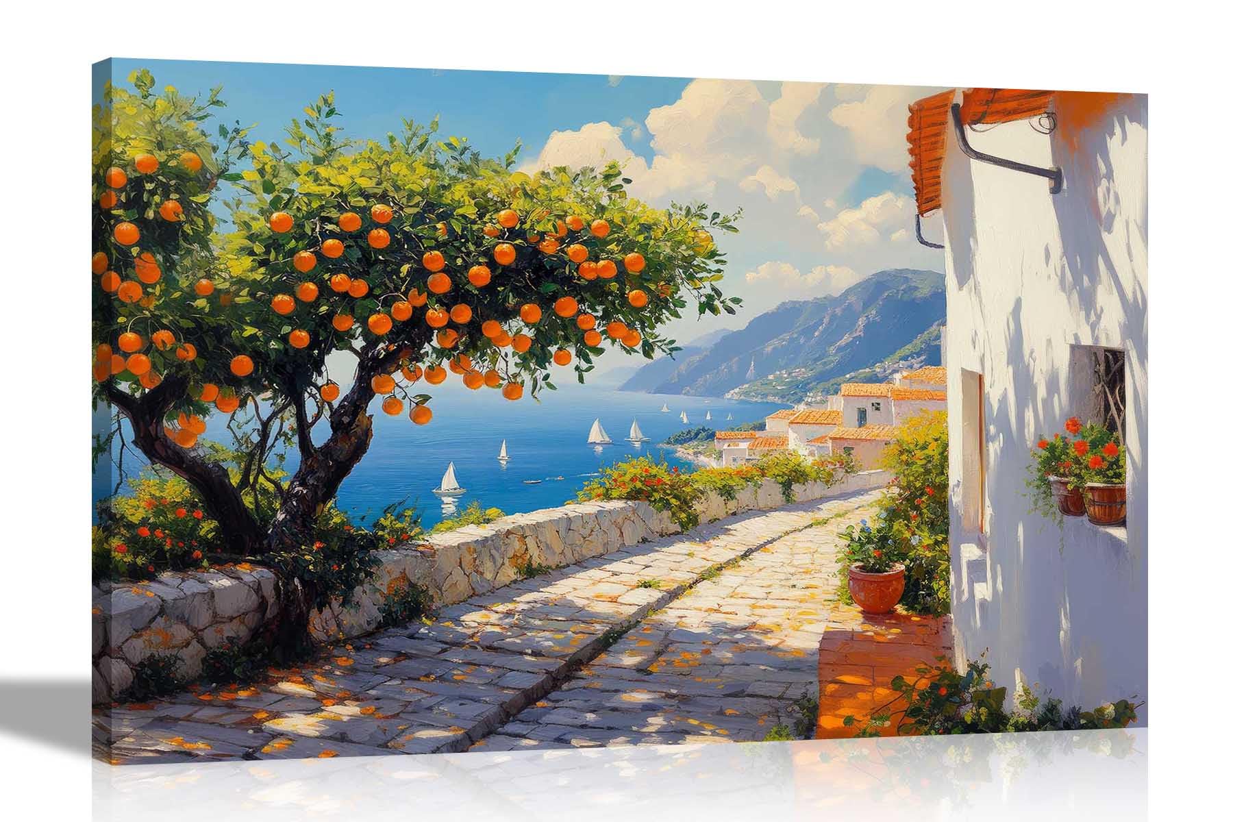 Artley Prints Mediterranean Coast Orange Tree - Mediterranean Coast Landscape Orange Tree Colourful Canvas Wall Art Prints Home Living Room Decoration Artwork Large 86 X 61Cm (34 X 24 Inches) A1