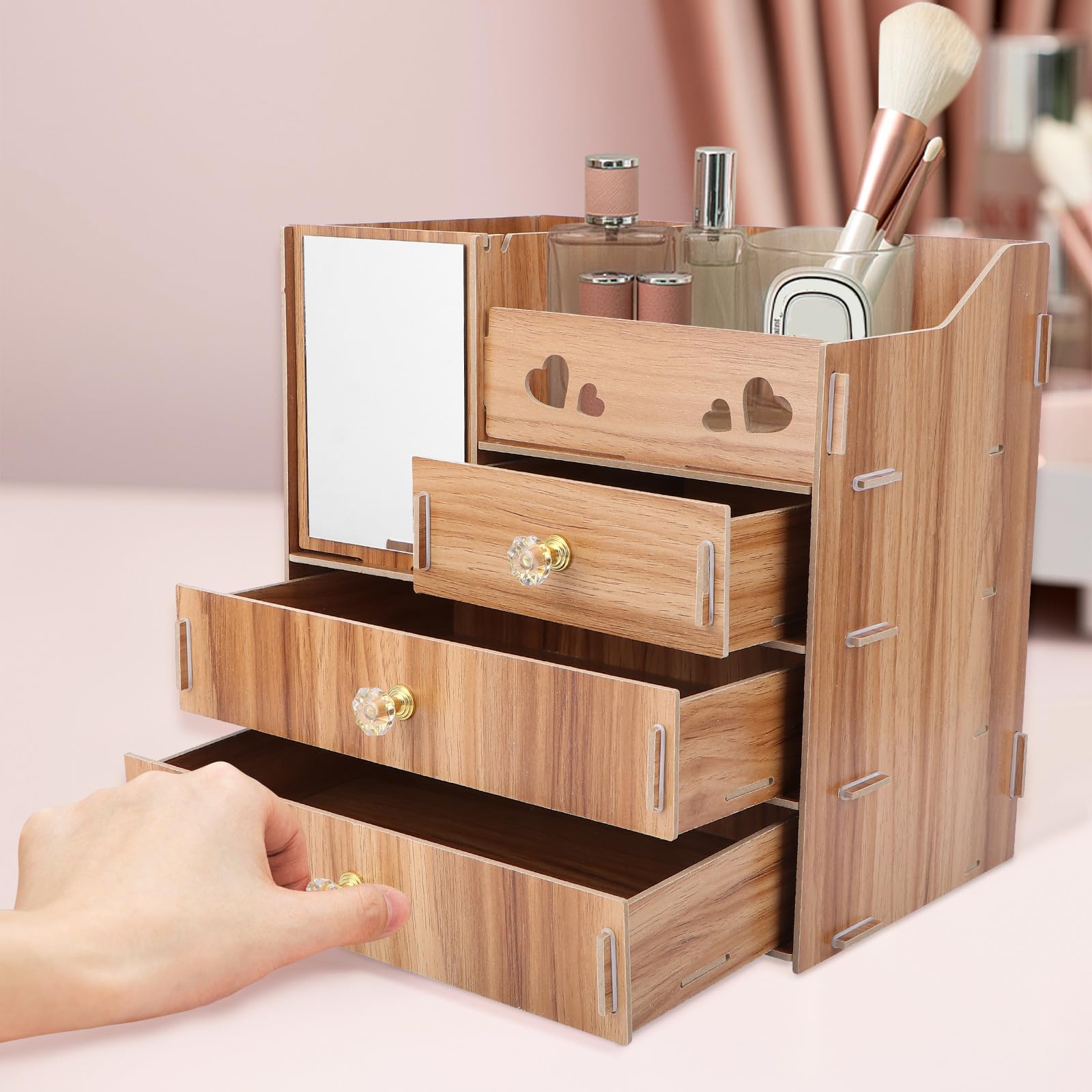Miroir Boîte de Rangement en Bois pour Cosmétiques de Bureau