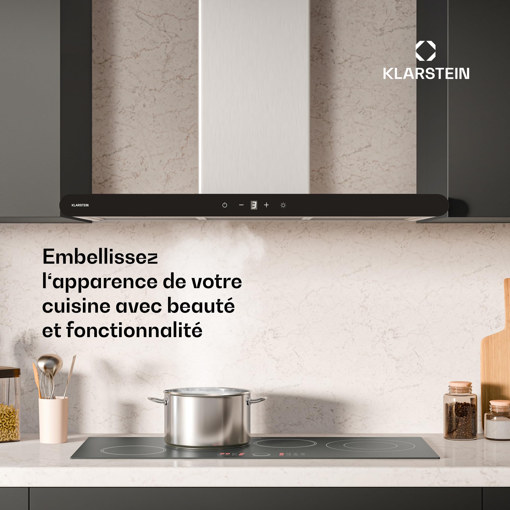 Klarstein CurveVent Hotte Murale - 90cm Hotte Aspirante, 676 m³/h, Éclairage LED, Tactile, A+ Énergie, Silencieuse 56 dB, Filtre à Charbon, Noir