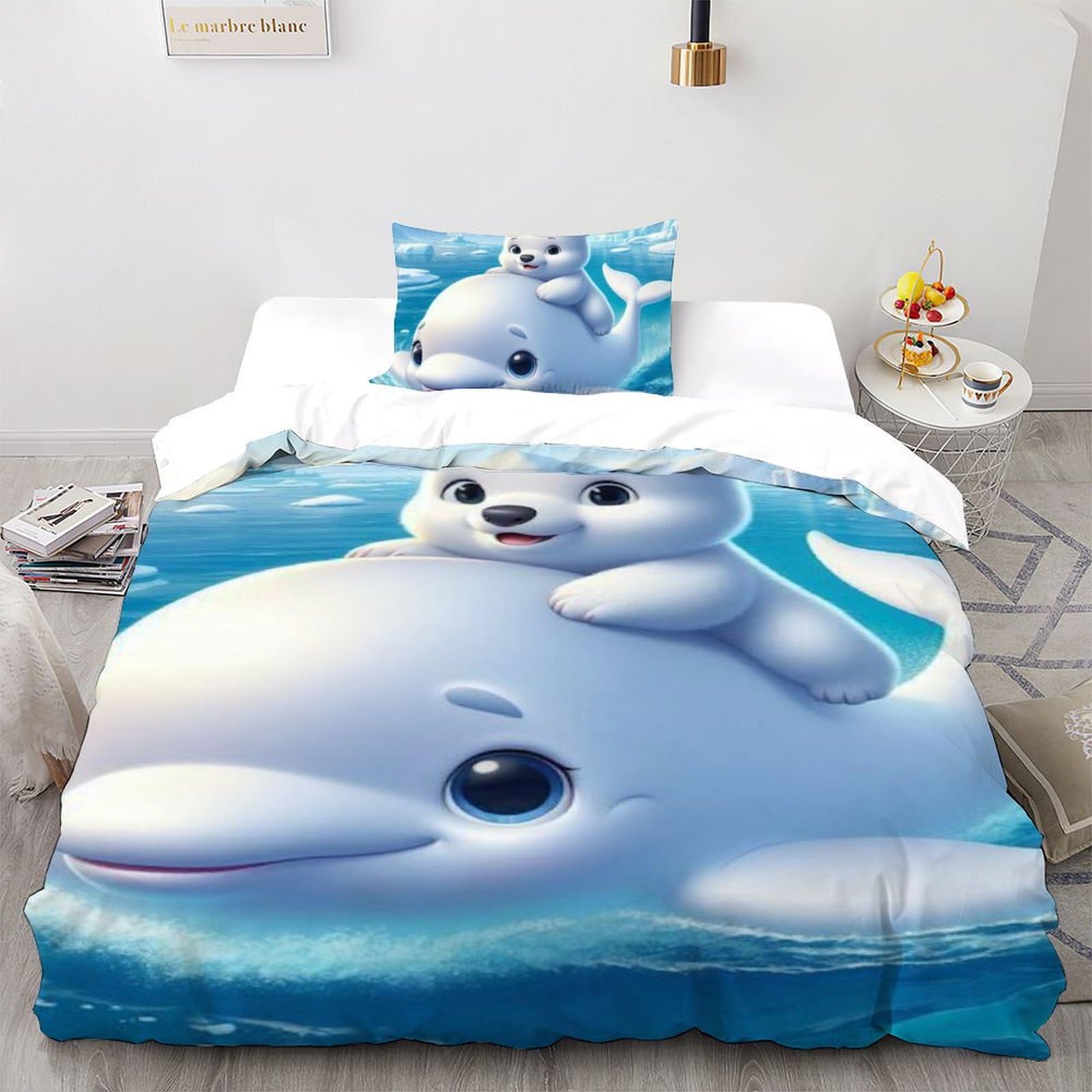 Housse de couette ours polaire 135x200 anti-plis en microfibre douce pour lit enfant