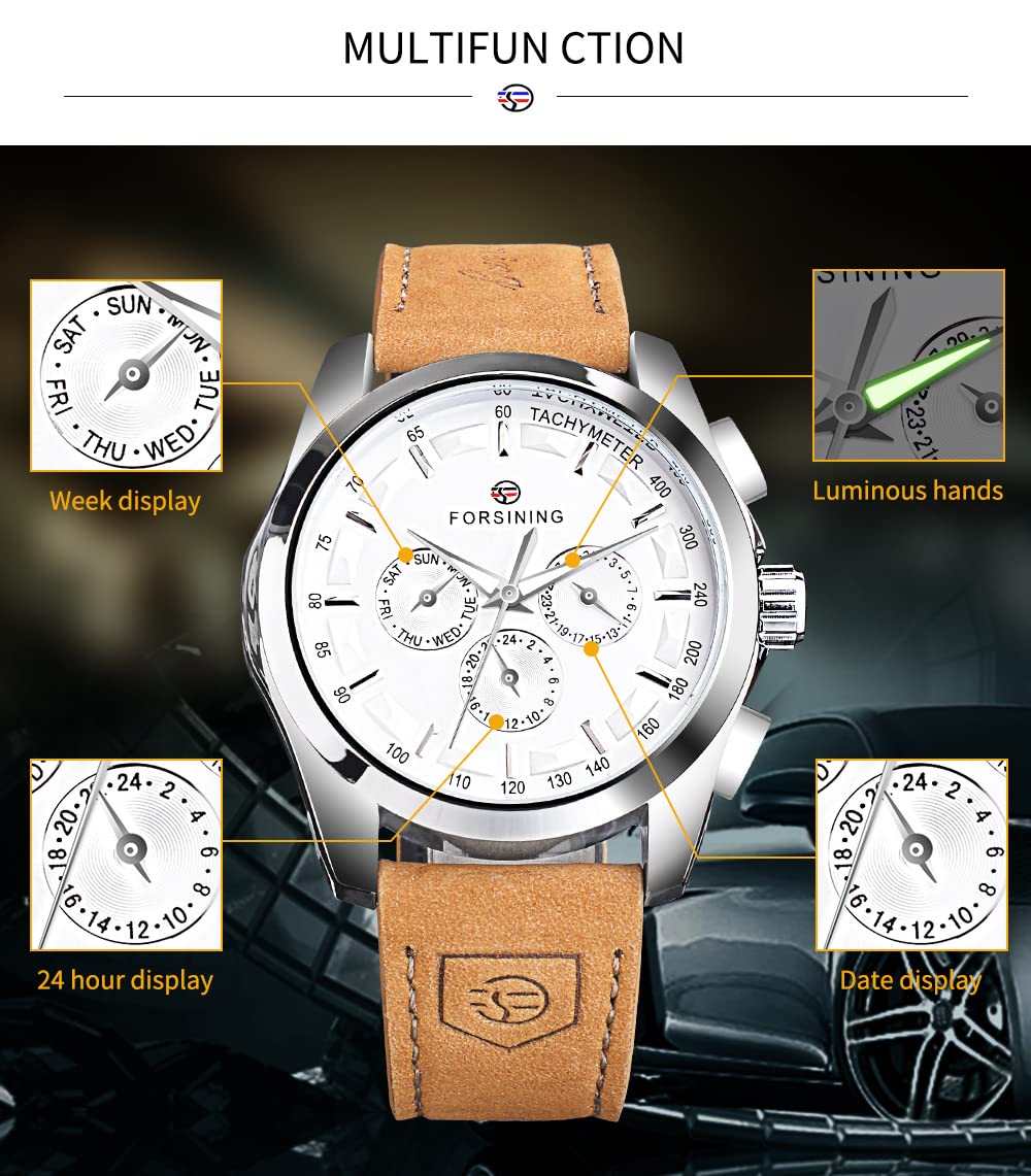 FORSINING Mechanische Armbanduhr Herren Automatische Selbstaufziehende Militäruhr Echtes Lederband Wasserdicht Leuchtend Casual Business