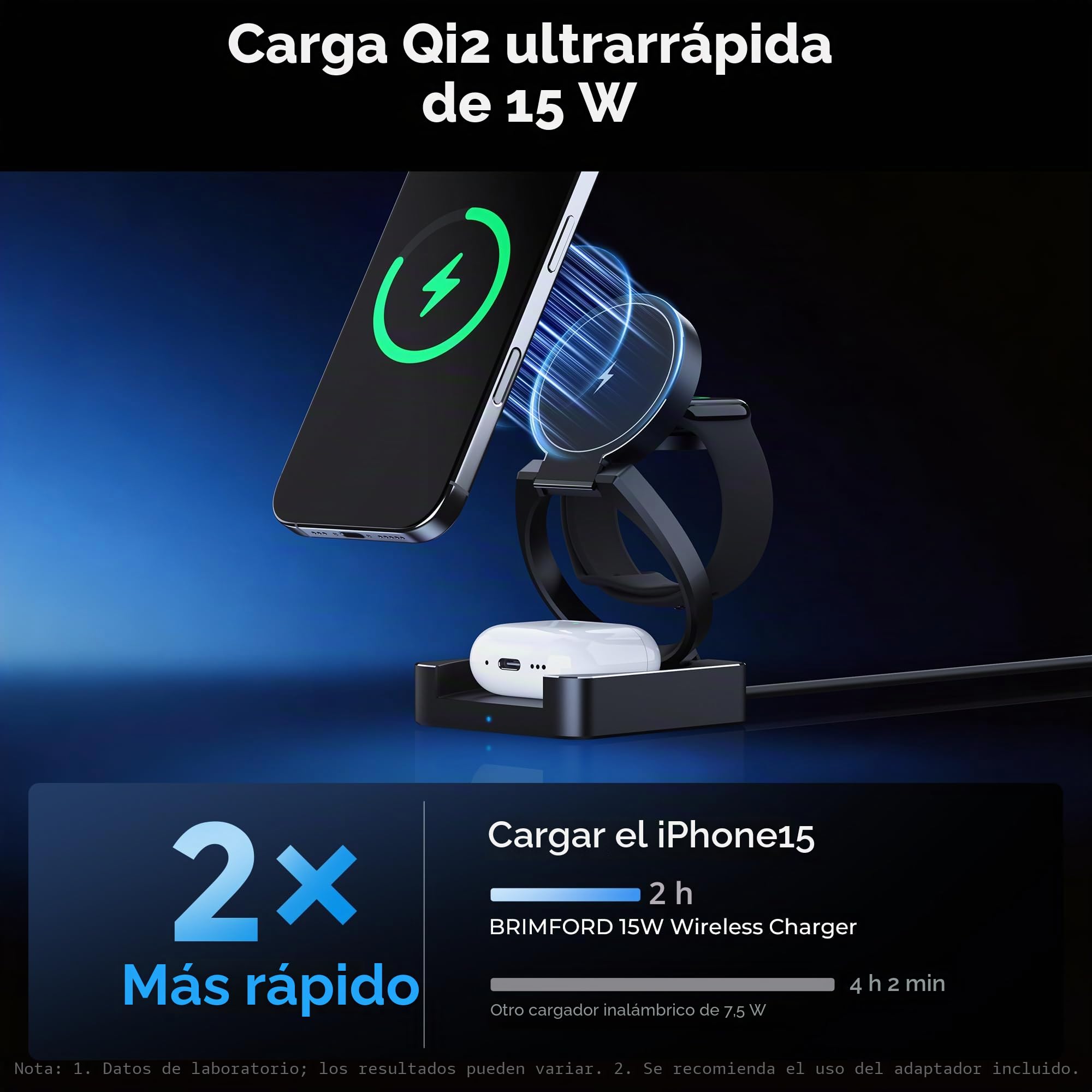 Cargador Inalámbrico 3 en 1 Qi2 15W Magnético de Aluminio para iPhone 17/16/15/14/13/12, Apple Watch S10/9/8 y AirPods 4/3/2/Pro, Estación de Carga Rápida Inalámbrica para Múltiples Dispositivos