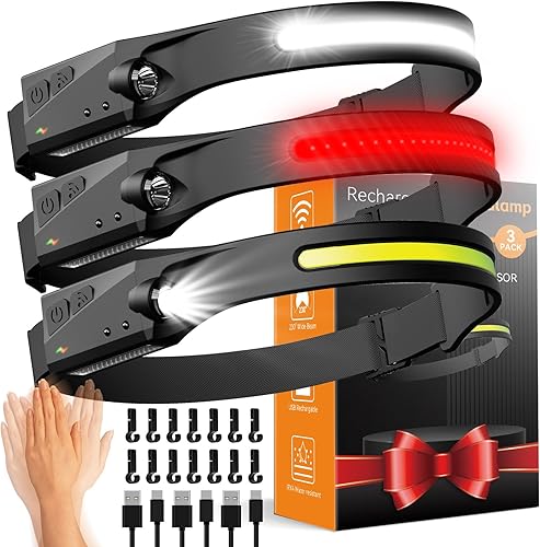 Paquete de 3 faros recargables de haz ancho de 230, manos libres para adultos, luces de cabeza para frente, linterna con clips para casco duro para