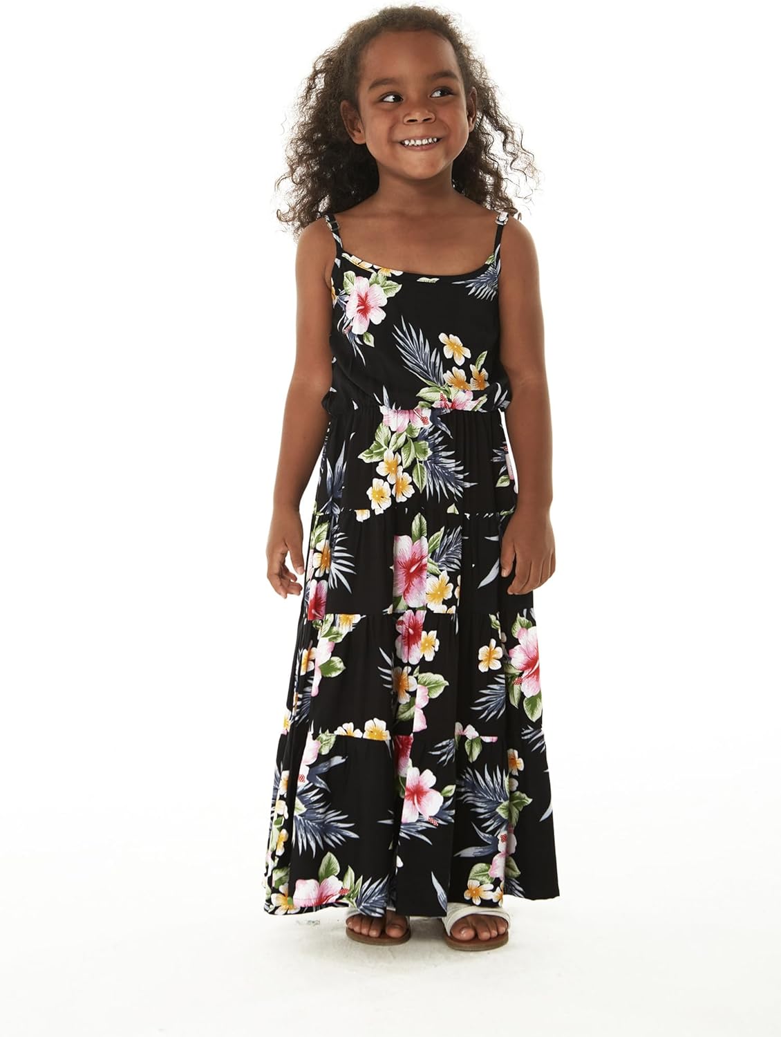 Girl Hawaiian Maxi Tiered Dress in Hibiscus Blue