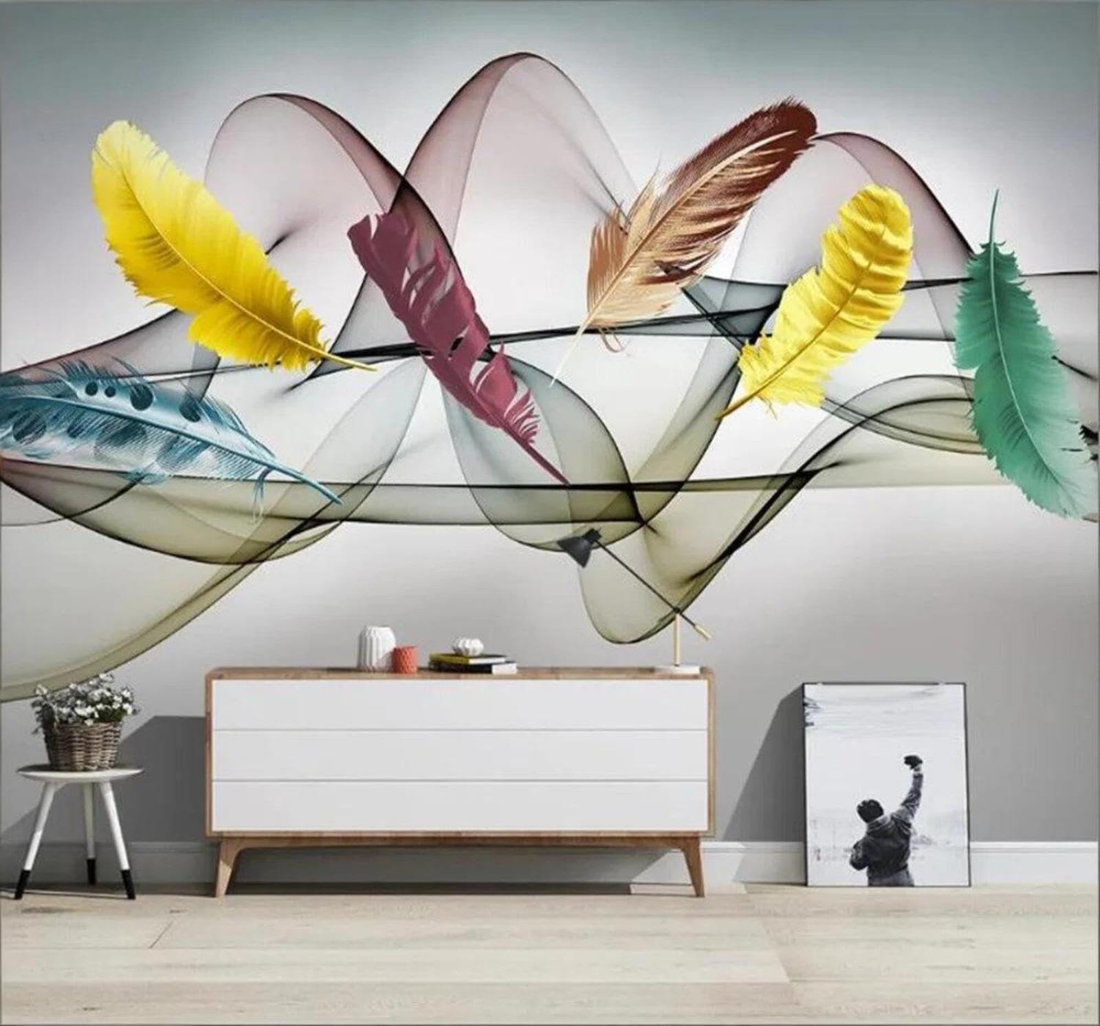 Xlming 250Cm×170Cm(B×H) Abstract Hand Drawn Colourful Feathers Smoke 3D Wallpaper Silky Texture Home Study Office Grey Dining Room Sofa Bedroom Living Room Tv Backdrop-250Cm×170Cm