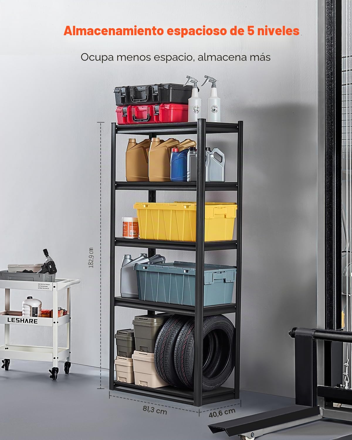 VEVOR Estantes de Almacenamiento de 5 Niveles de 406,4 x 812,8 x 1828,8 mm Capacidad de Carga Total de 907 kg, Estantes de Metal Ajustables para Garaje, Cocina, Almacén, Sótano, Trastero, Negro