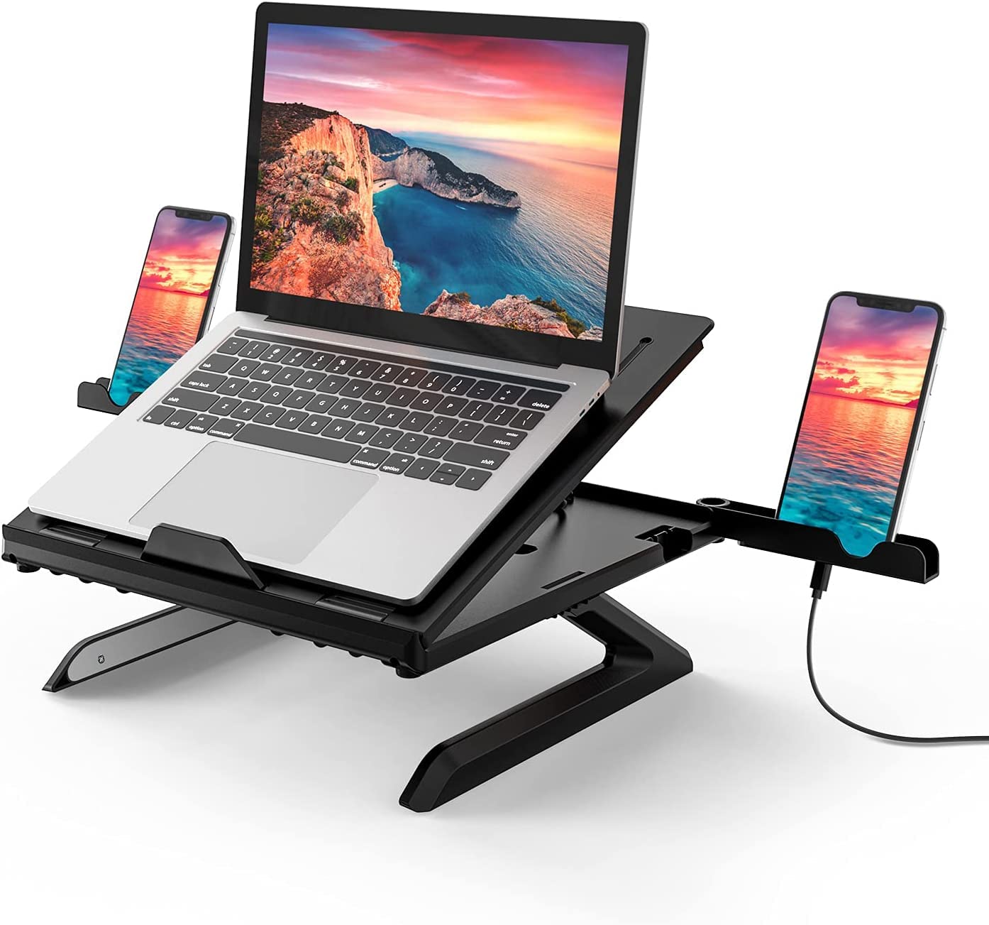 Supporto per computer portatile da scrivania, regolabile a 9 livelli, con gambe pieghevoli e supporto per telefono, supporto per computer portatile, portatile, tablet, colore: nero