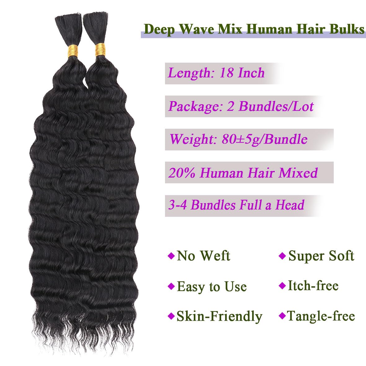 Kachanaa 18 Inch Black 20% Mixed Curly Deep Wave Braiding Human Hair Extensions for Goddess Braids 2 Bundles Deep Wave Crochet Human Hair for Boho Box Goddess Braids /1B# - Image 4