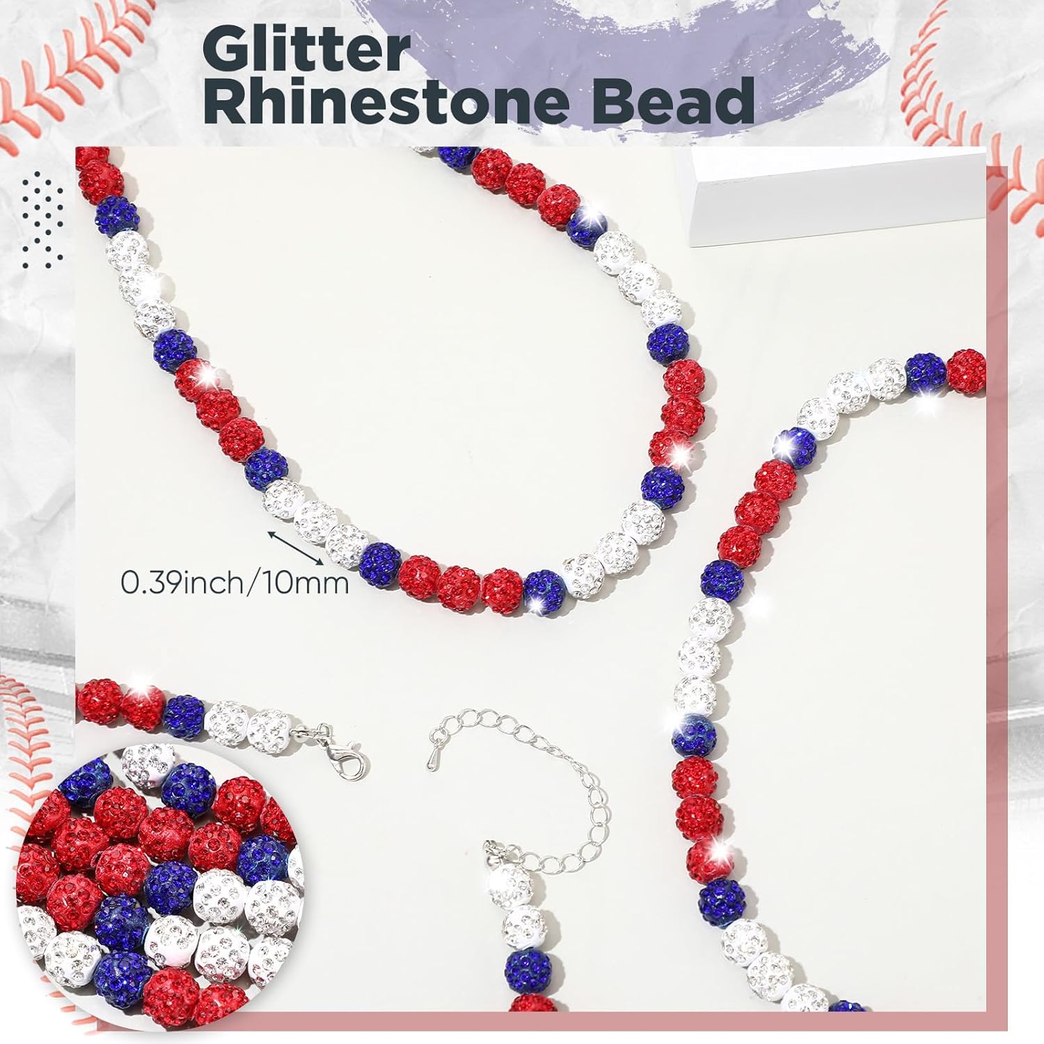 Landical 20 Pcs Bling Beaded Baseball Necklace for Men Women Baseballer Ice Inspired Rhinestone Discoball Necklaces Unisex Cool Gifts for Baseball Players Lovers - Image 4