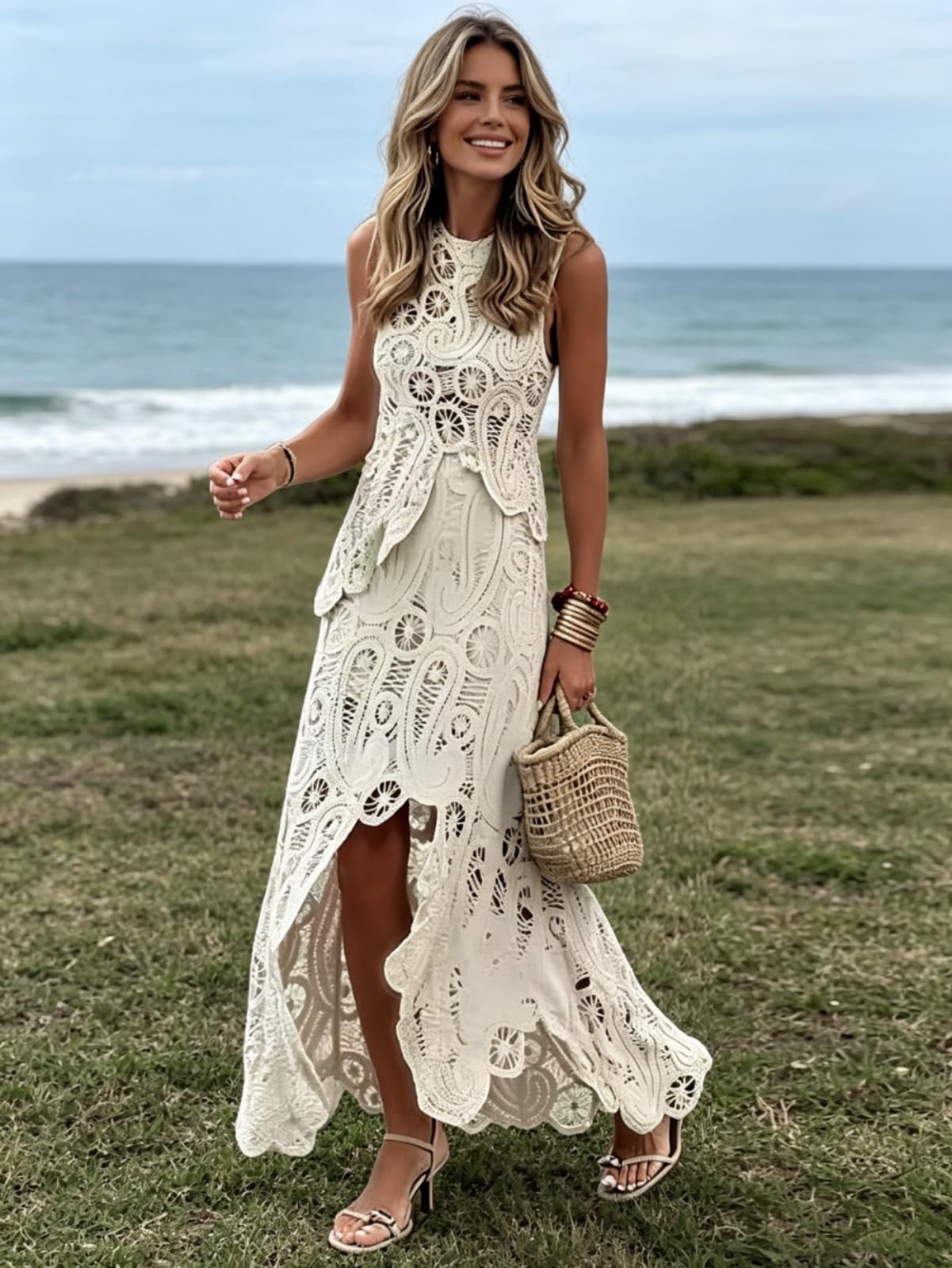 Abito da donna Boho 2 pezzi senza maniche con top corto in pizzo e maxi gonna cava all'uncinetto abito da vacanza