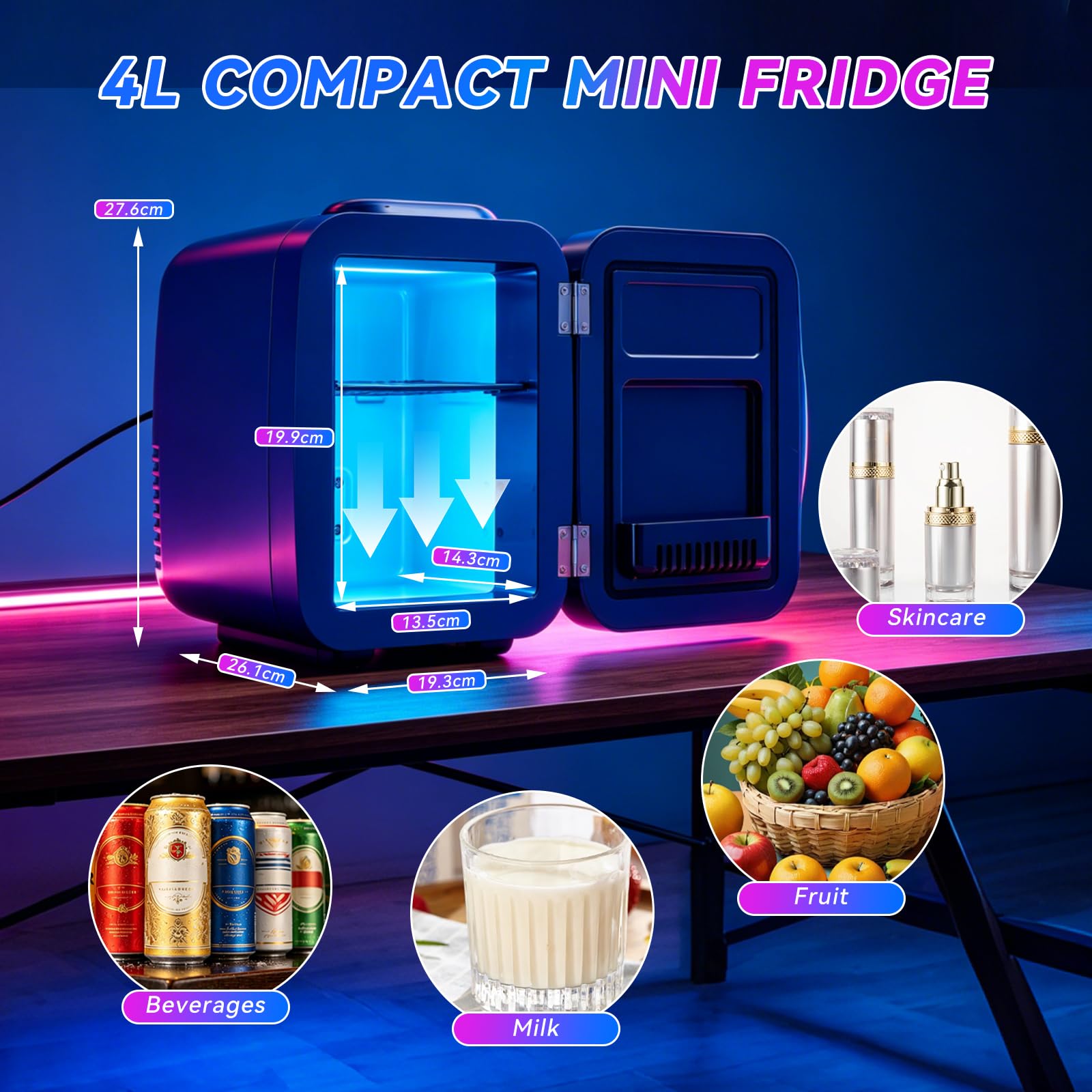 Enventor Mini lodówka 4 l / 6 puszek, przenośna lodówka i pojemnik utrzymujący ciepło, mała lodówka, AC + 12 V DC, RGB Infinity, 6 trybów ściemniania, do sypialni, pokoju gier, biura, samochodu