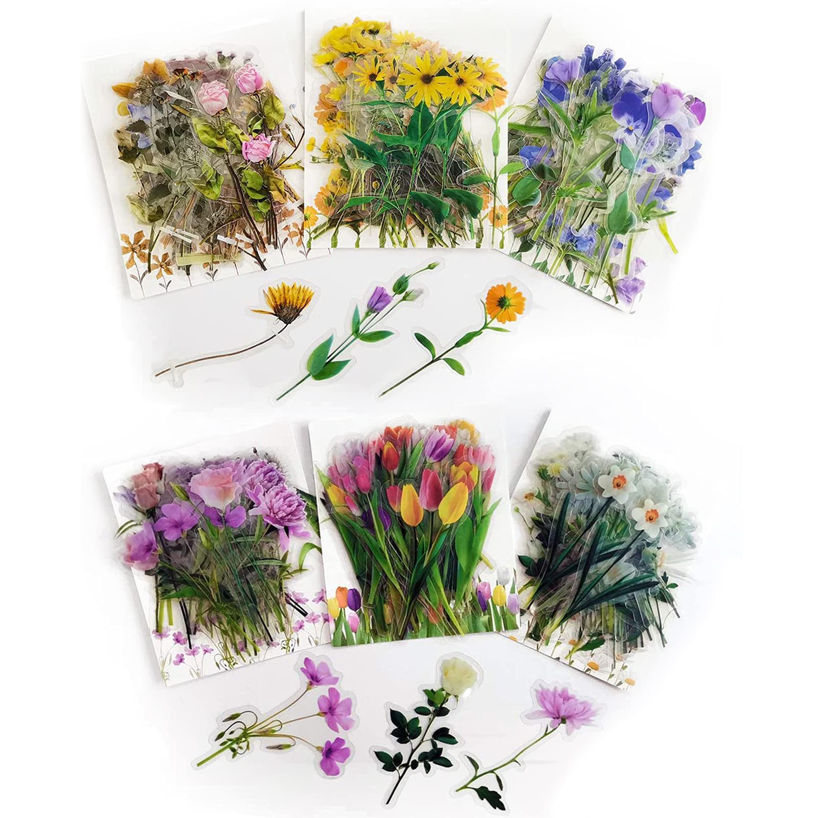 240 Pieces Transparent Flower Stickers Assorted StylesSpring Floral Decorative Scrapbook Stickers 6 Style Flowers Plant Series DIY Decals for Journaling Planners Scrapbook Laptop Bottles Phone Cases