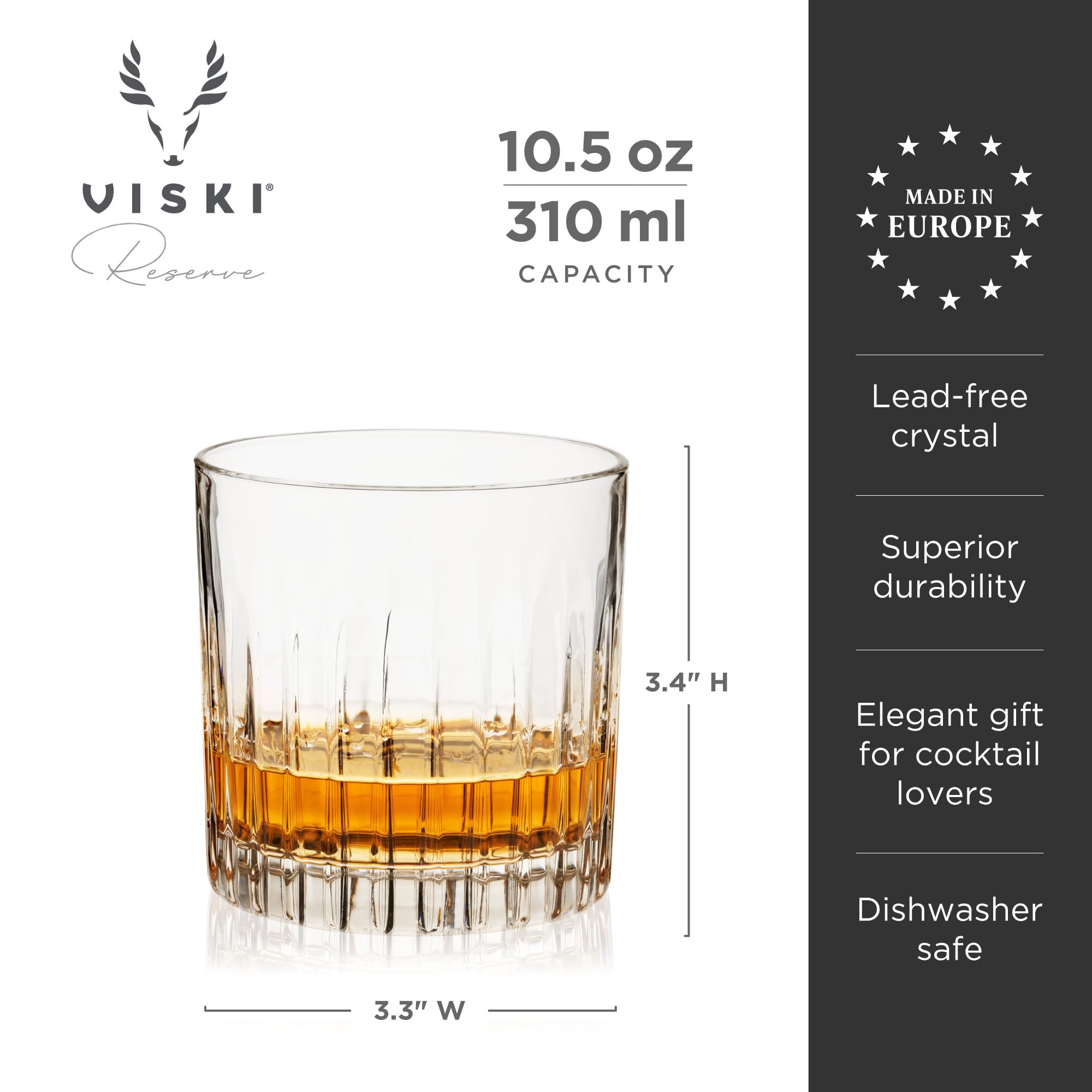 Viski Lot de 4 verres à whisky Reserve Milo - Verres à bourbon soignés - Verres à spiritueux en cristal - 300 ml