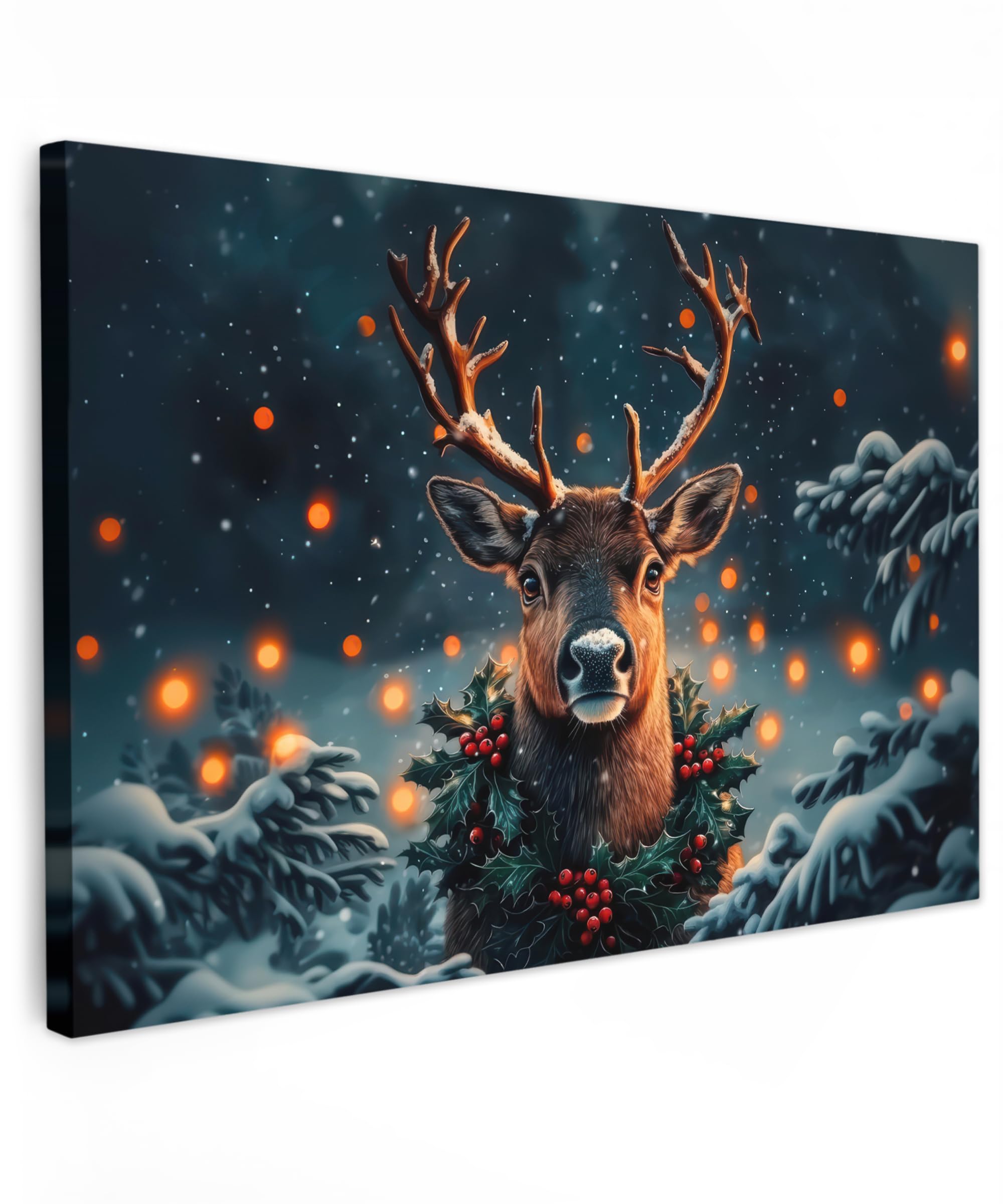 Tableau Déco Murale Noël - Scène Hivernale Avec Boule De Cristal, Toile 105x70 Cm Prête à Accrocher