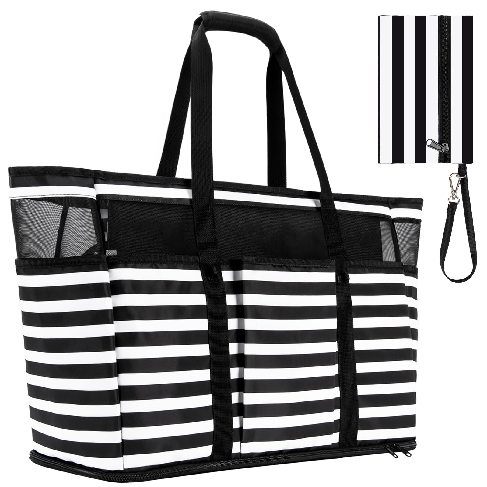 TEUEN Large Beach Bag with Zipper, 12 Pockets Waterproof Sandproof Pool Bag Womens Mesh Beach Tote Bag for Travel Vacation