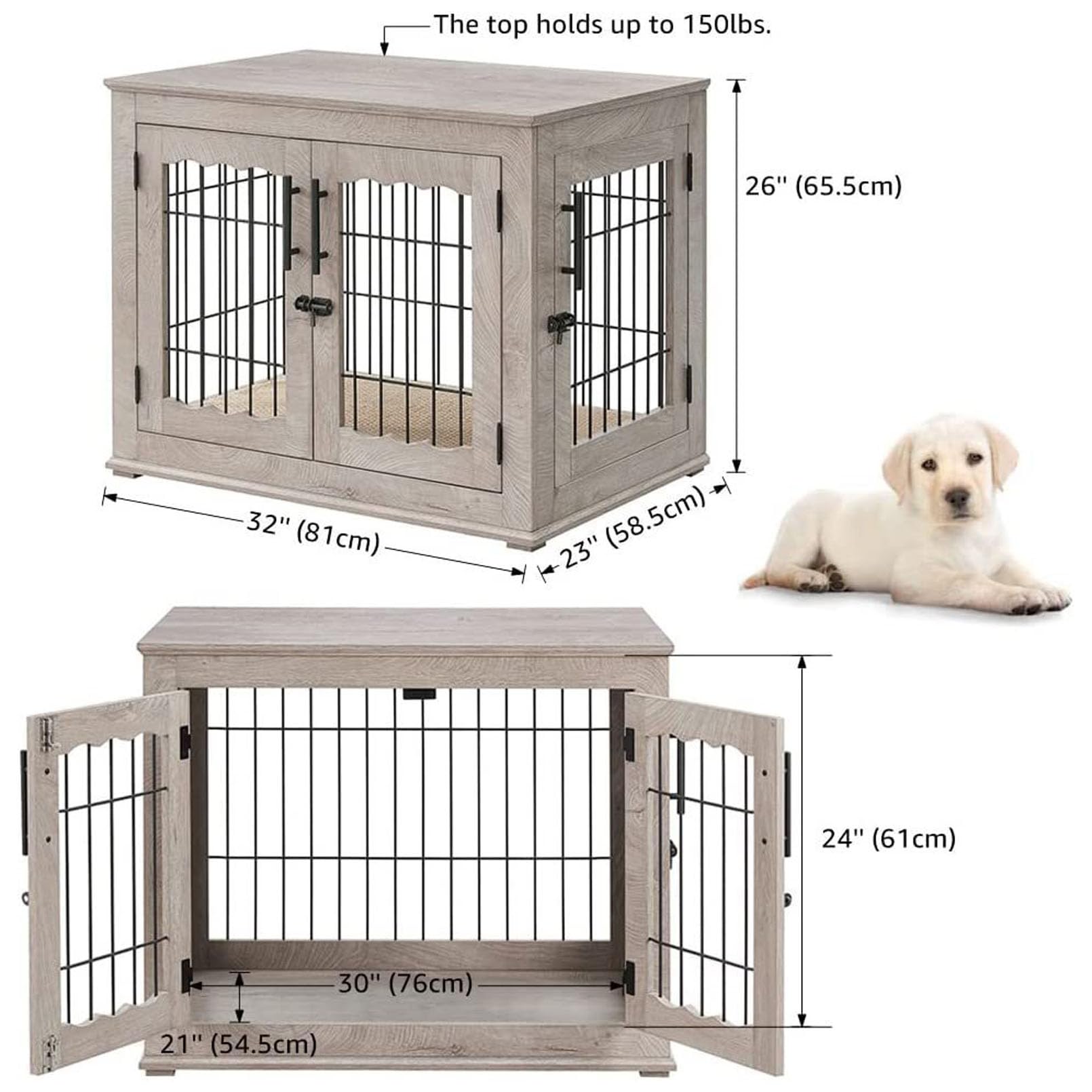 Hundekäfig-Endtisch für kleine, mittelgroße und große Hunde, Indoor-Haustierhütte mit zwei Türen und Drahtgeflecht, funktionale Möbel für Zuhause, 59,7 x 45,7 x 52,1 cm