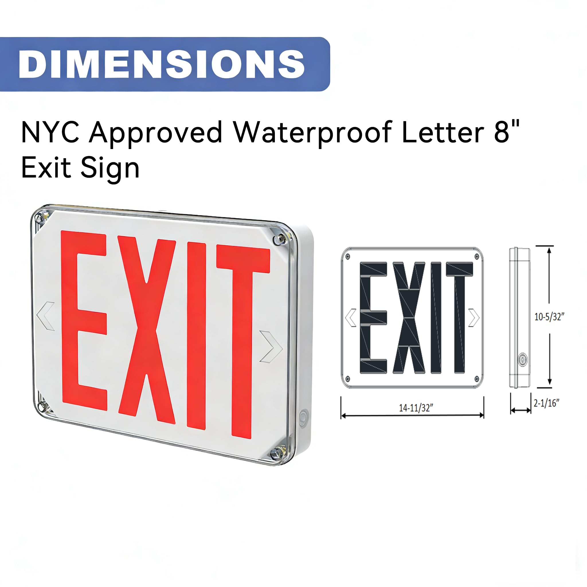 Señal de salida de emergencia impermeable aprobada por NYC con batería de respaldo, rojo, duración de 90 minutos, voltaje universal (120-277 VAC), letra de 8 pulgadas de altura, respaldo de