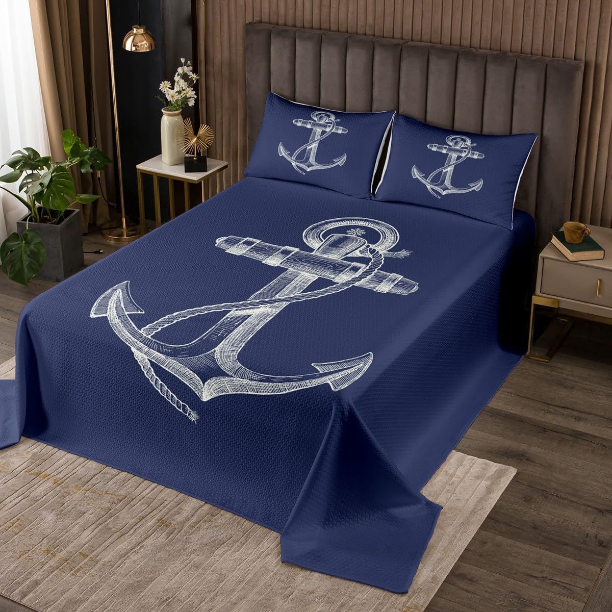 Feelyou Anchor Decor Bedspread Queen Size Nautical Themed Coverlet Set Anchor Print Quilt Set Dark Blue Bedding Cover for Boys Girls Kids Adults