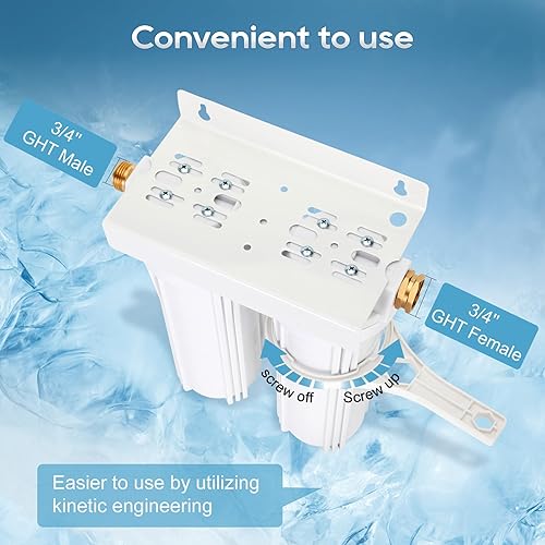 Miniatura 2 de Sistema de filtro de agua dual externo RV incluye soporte de montaje y dos filtros, dos accesorios de latón GHT de 34 pulgadas para caravanas,