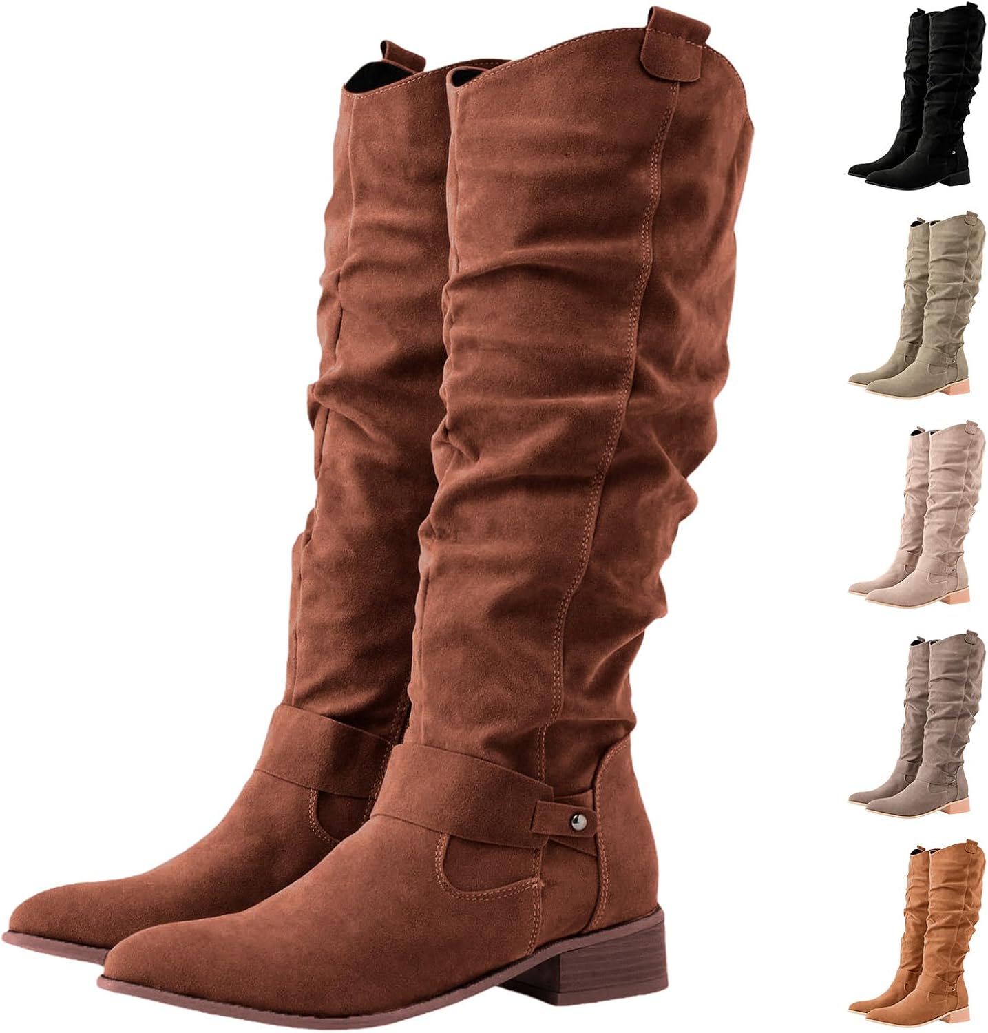 Women's Knee High Boots Faux Suede Wide Calf Western Cowgirl Boots Comfort Riding Combat Boot Side Zipper Retro Chunky Low Heel Booties Round Toe Shoes Outdoor Shoes