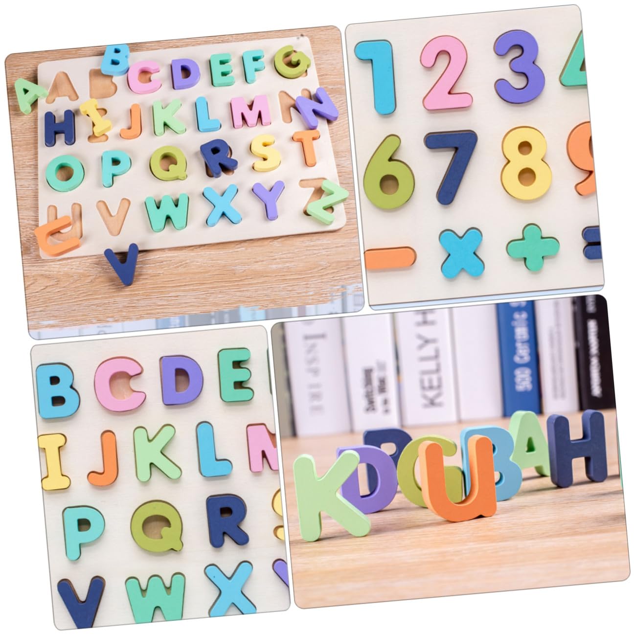 Gioco Educativo Puzzle Alfabeto e Numeri in Legno per Ragazzo Ragazza Superficie Liscia e Colori Vivaci, Set di 4 Pezzi per Apprendimento e Sviluppo Cognitivo