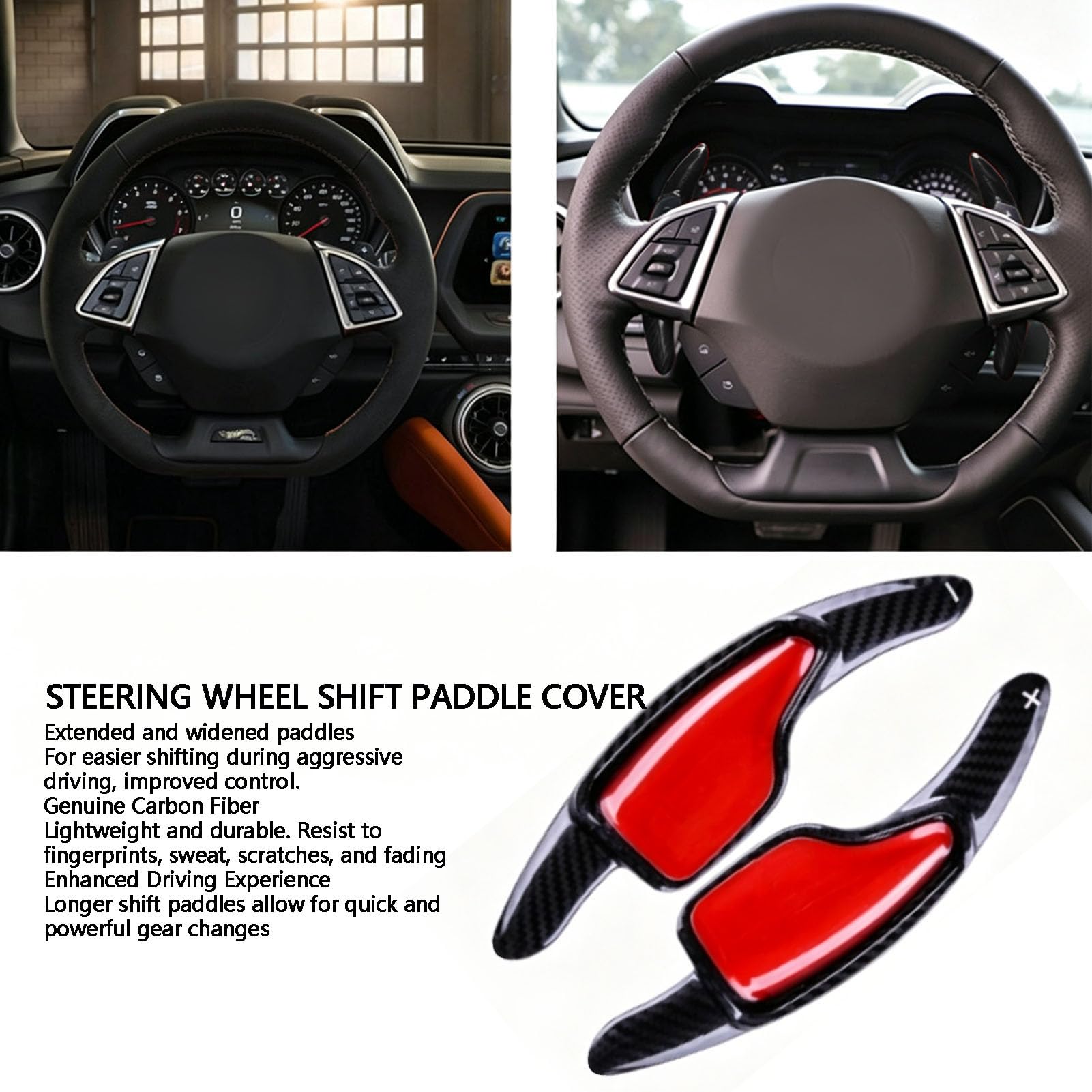 AMONIDA Osłony Manetek Zmiany Biegów z Włókna Węglowego do Chevy Camaro, Precyzyjnie Dopasowane Przedłużki Manetek Zmiany Biegów na Kierownicy dla Luksusowego Ulepszenia Wnętrza, 1 para (BLACK)