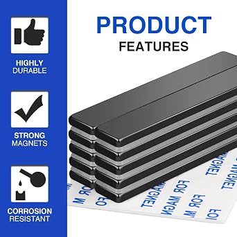 MIKEDE Magnets, 9 Pack Strong Neodymium Bar Magnets with Adhesive Backing, Rare Earth Fridge Magnet Heavy Duty, Metal Powerful Black Magnet for Craft, Whiteboard, Garage, Kitchen - 60x10x3 mm